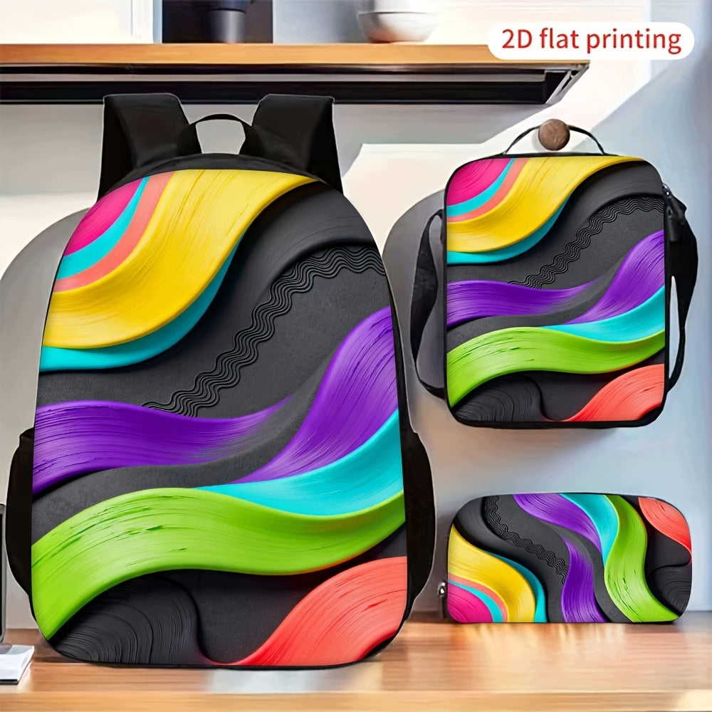 Abstract Colorful Wavy Pattern Backpack Set with Crossbody Bag and Storage Pouch