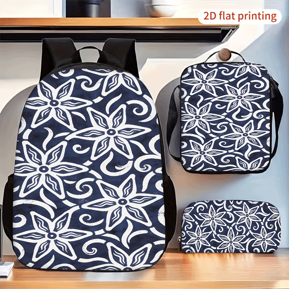 Abstract Floral Batik Pattern 3-Piece Backpack Set for Daily Travel