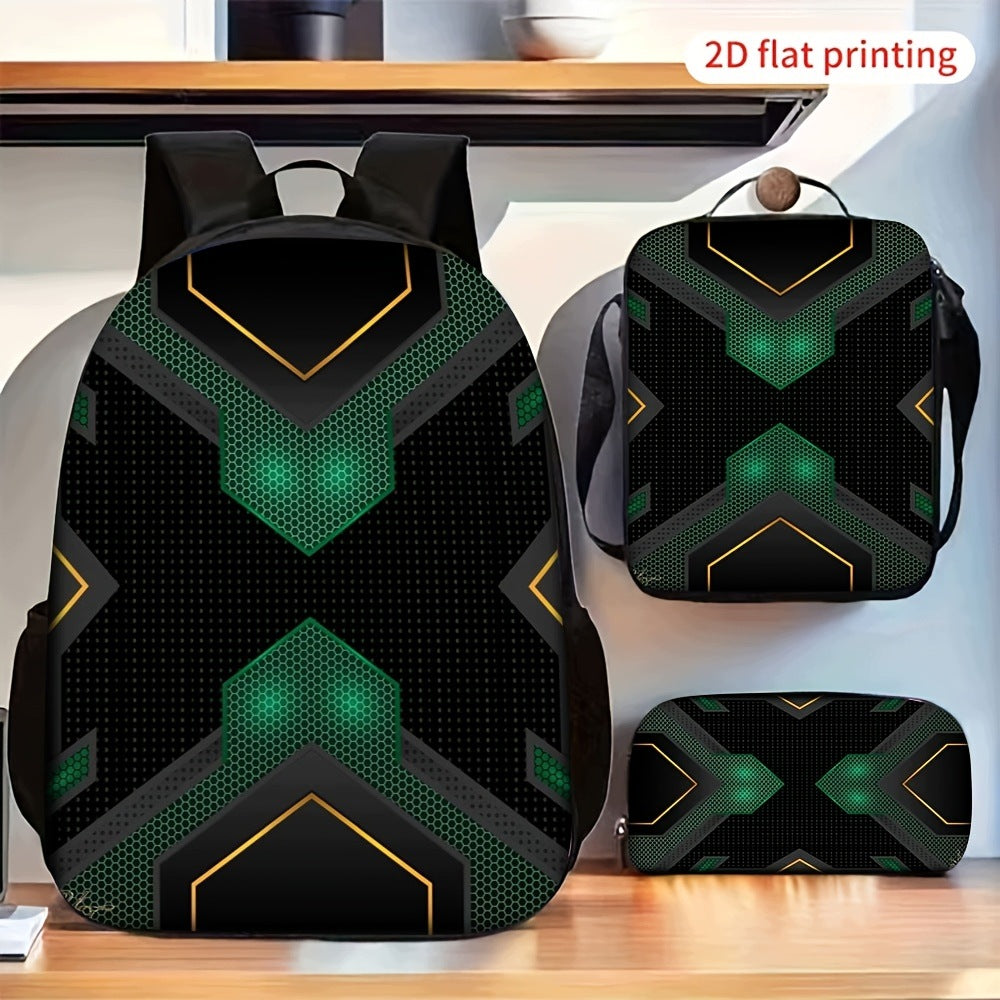 Abstract Green Black Geometric Print Backpack with Crossbody Bag