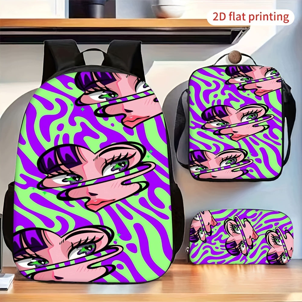 Abstract Psychedelic Anime Face 3-Piece Backpack Set with Crossbody Bag