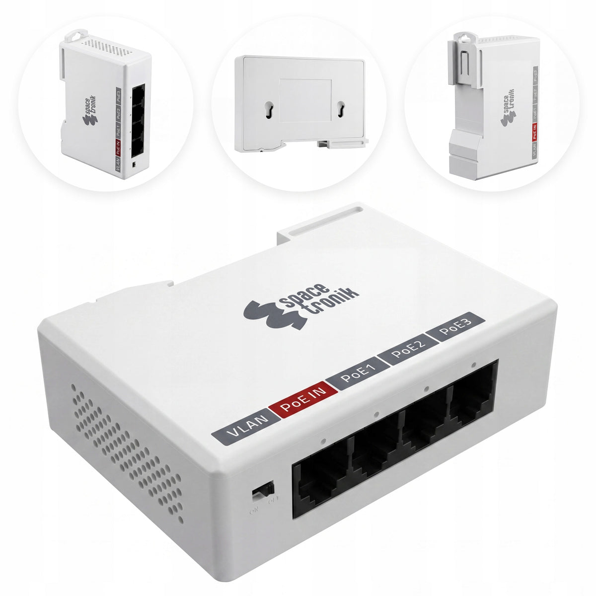 Active PoE Switch Splitter 3-Port Gigabit for DIN Rail Spacetronik