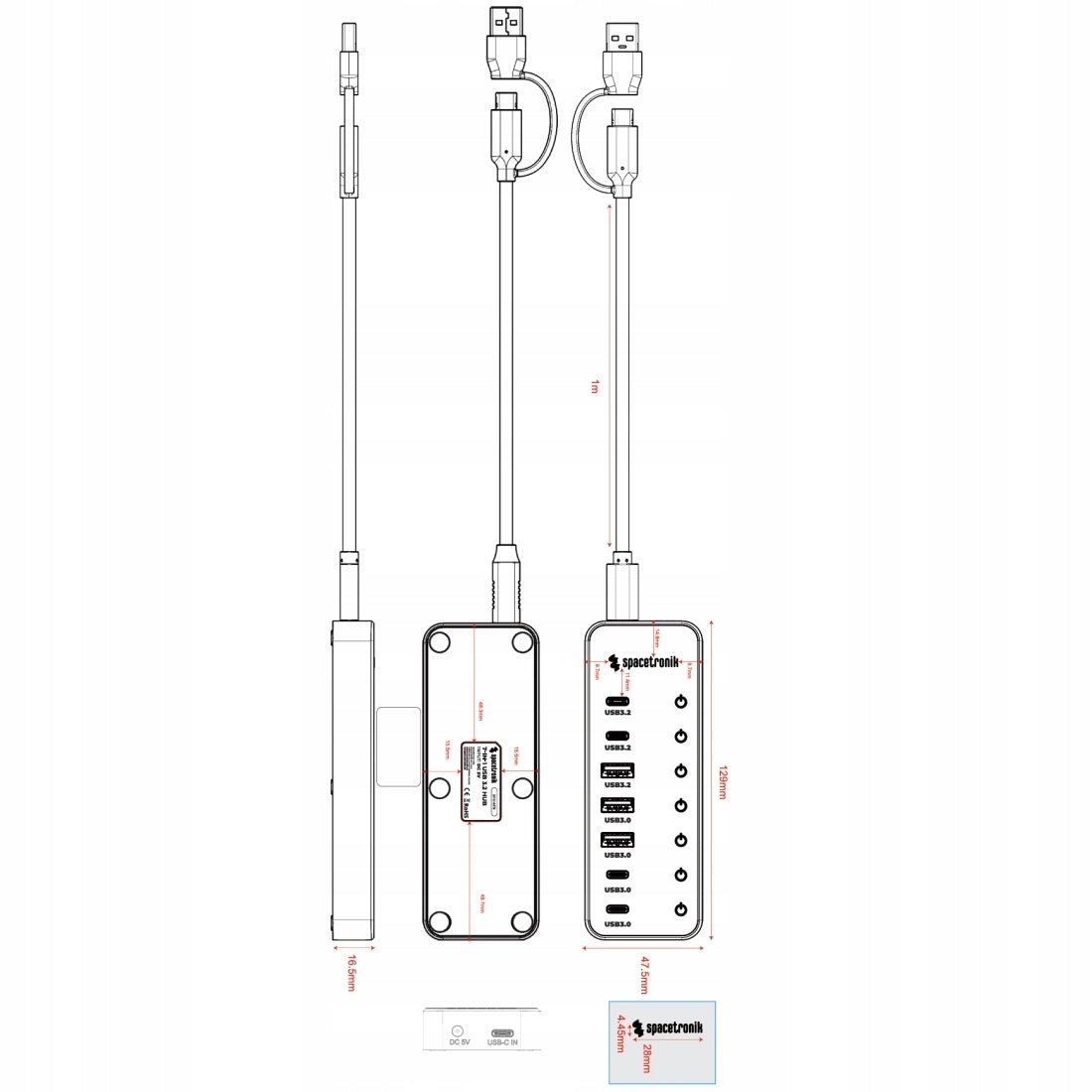 Active USB Hub 7 Ports 3x USB 10Gbps 4x USB 5Gbps Spacetronik +Power Supply Packaging status original