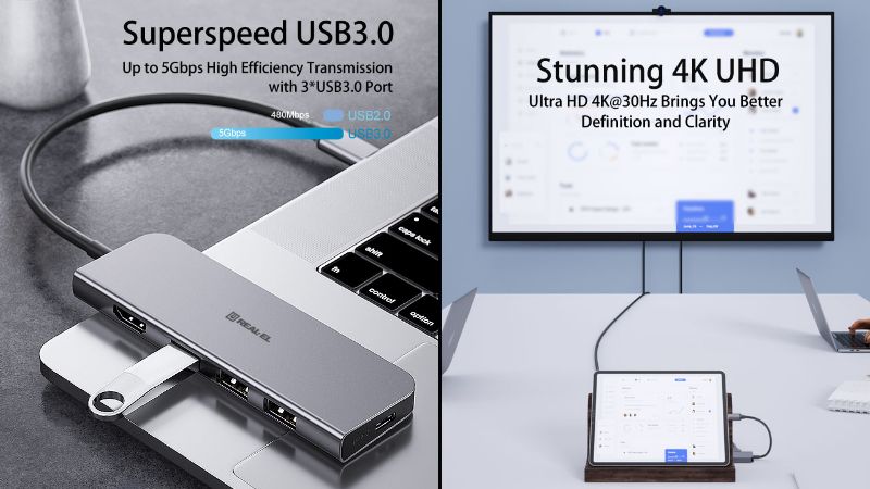 Adapter Hub USB C plug - 3 x USB 3.1/3.0/2.0 + HDMI 4K 60Hz REAL-EL CQ-700 Manufacturer code EL123110002