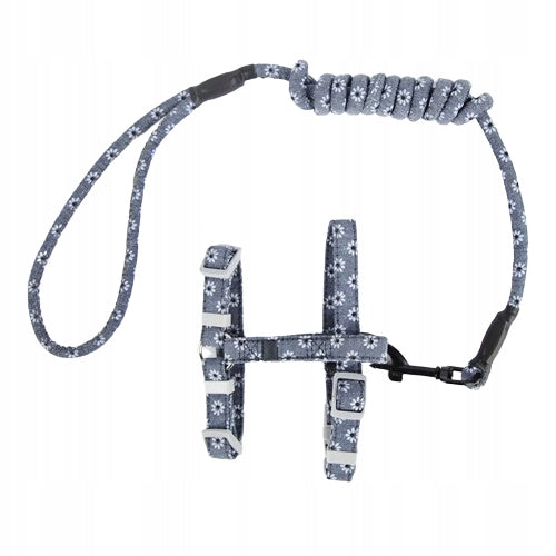 Adjustable Cat Harness and Leash Set Elastic Size S Flowers Grey