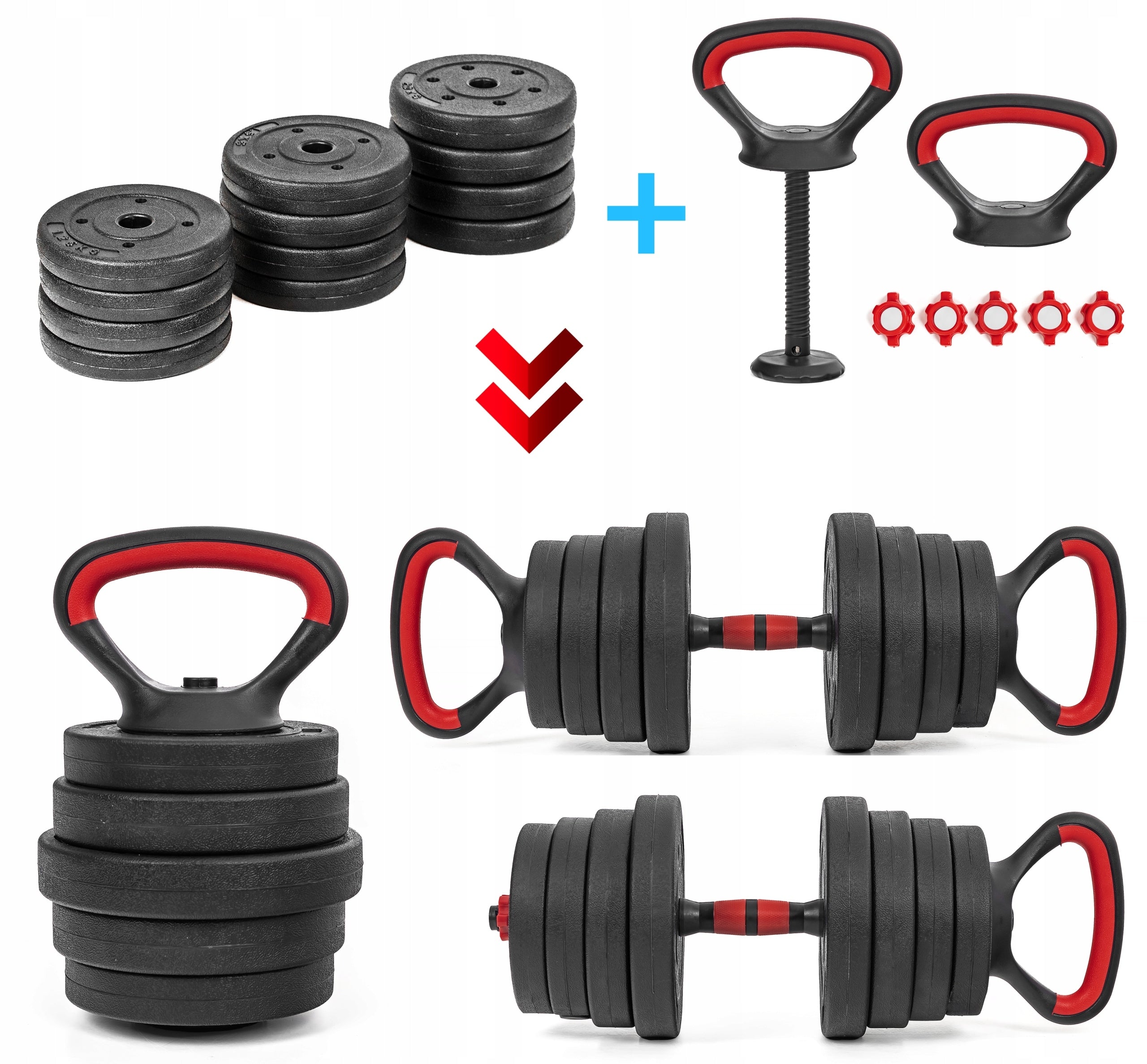 Adjustable DUMBBELLS 2x15KG barbell KETTLEBELL DUMBBELL SET 6in1 GRYFY handles Brand Sapphire
