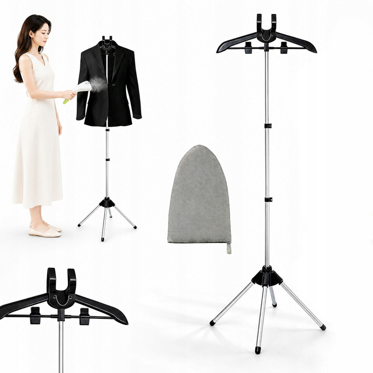 Adjustable Silver and Black Hand Steamer Stand for Clothes