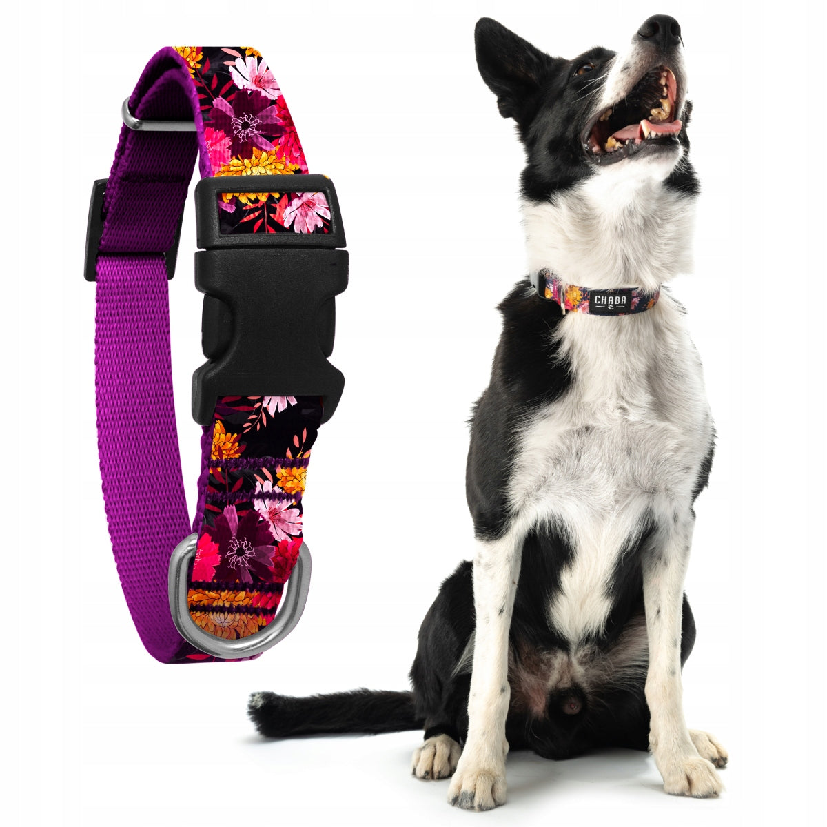 Adjustable collar for medium dog Marigold Chaba flowers, pink - size L