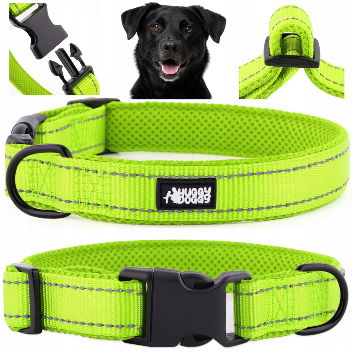 Adjustable dog collar green HUGGY DOGGY strong reflective durable M