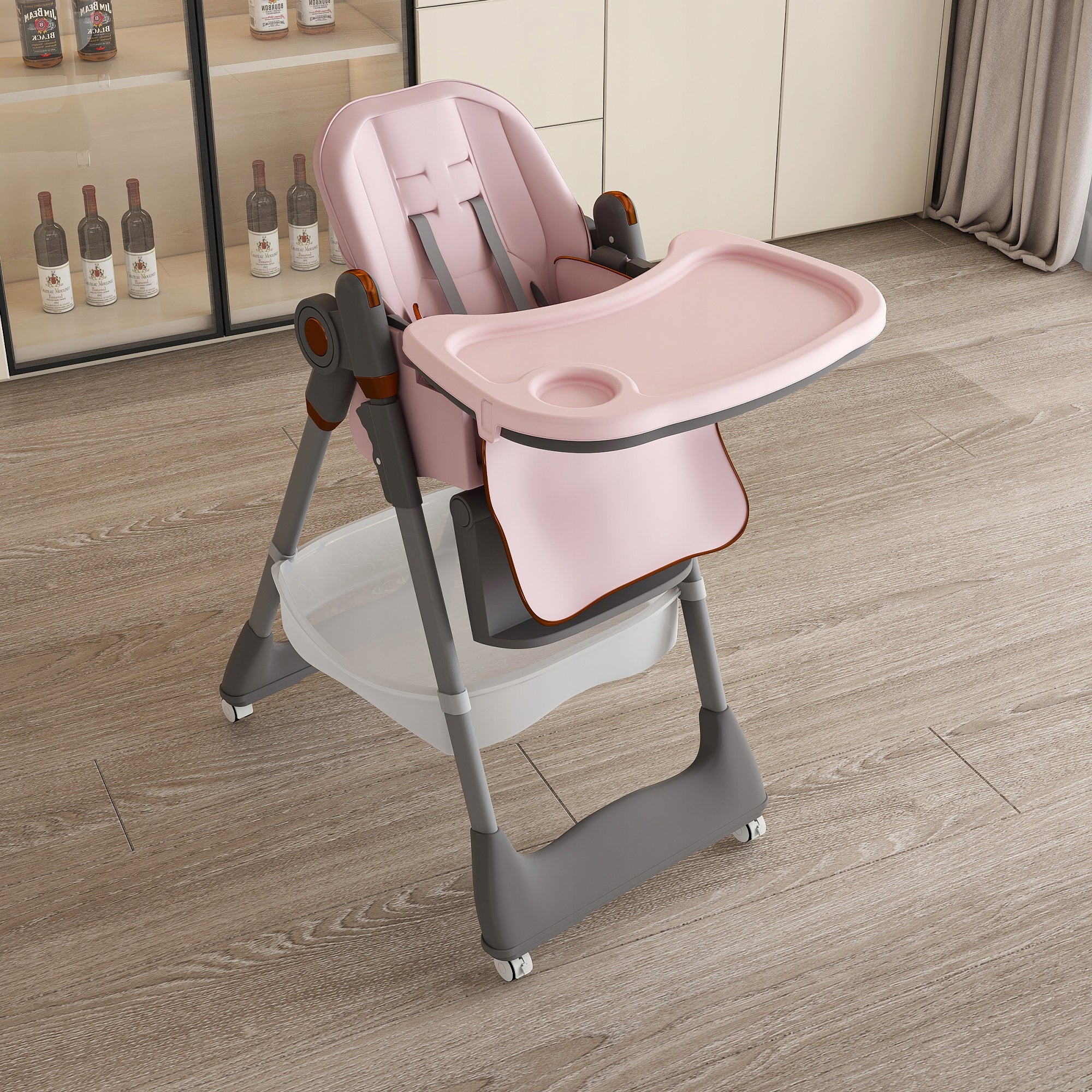 Adjustable high chair for children 0-6 years – with silent, locking wheels