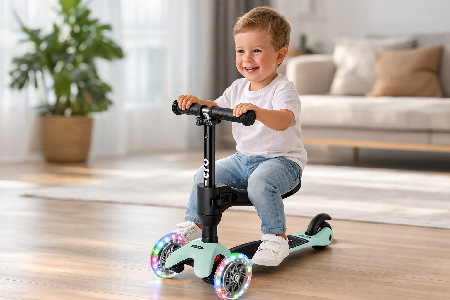 Adjustable scooter + seat 3in1 MMD 380 Led MINI MICRO DELUXE 1-5 Years Color black multicolor green