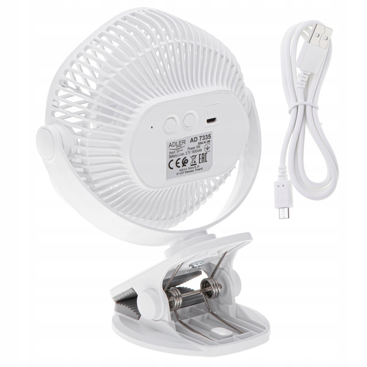Adler AD 7335 Cordless Fan with Clip and LED - 3 Speeds Dominant color white