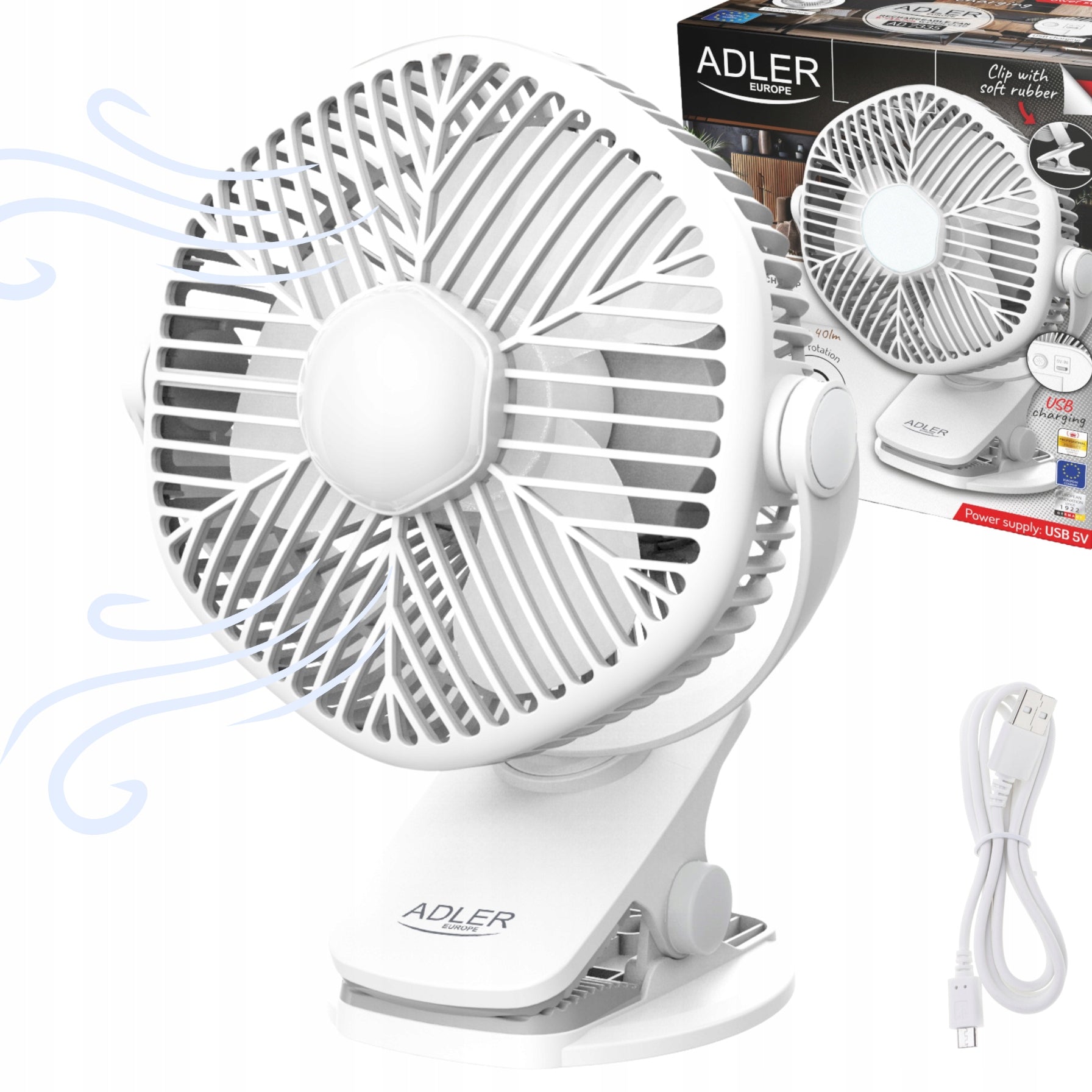 Adler AD 7335 Cordless Fan with Clip and LED - 3 Speeds