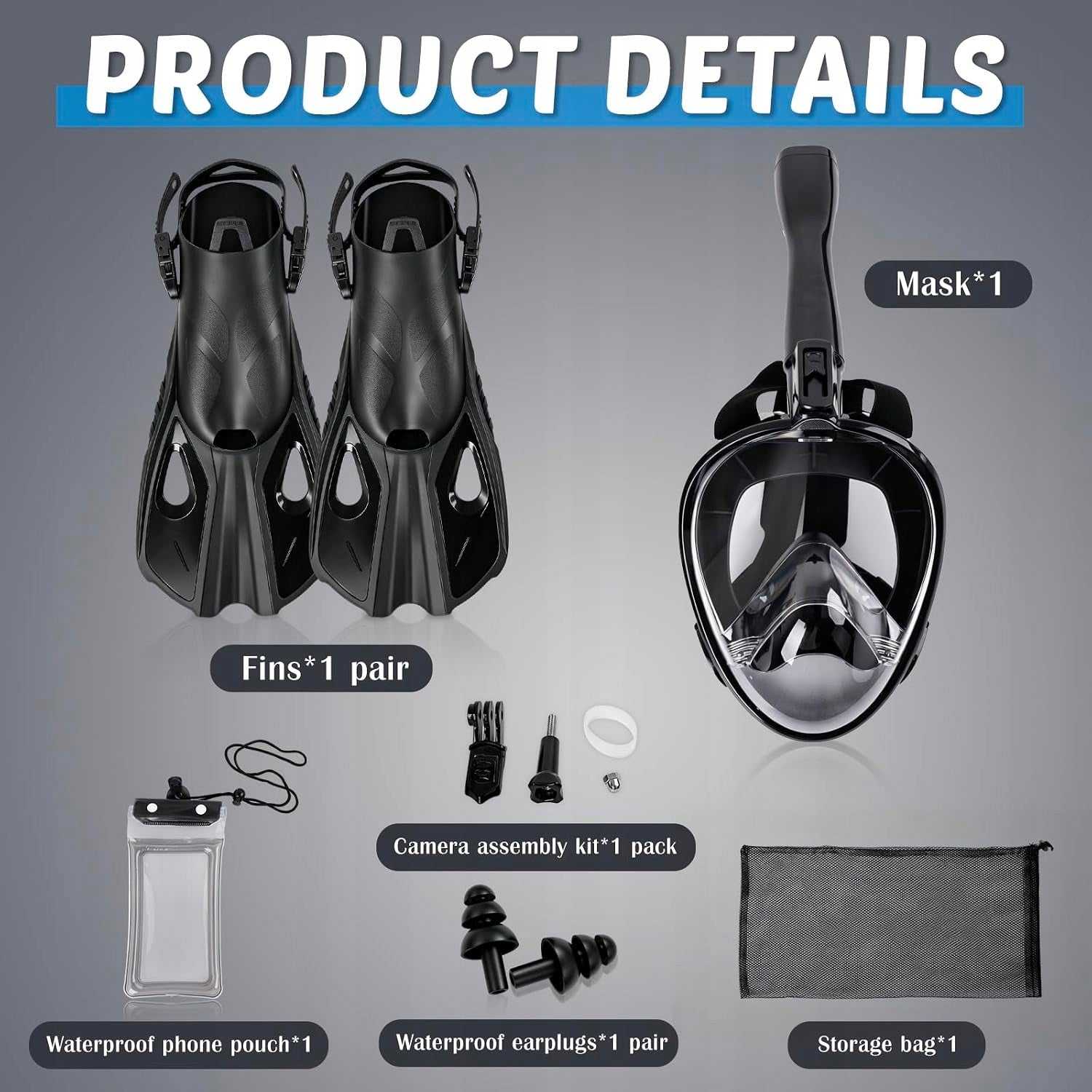 Adult diving set, 180° panoramic view, mask for Color black