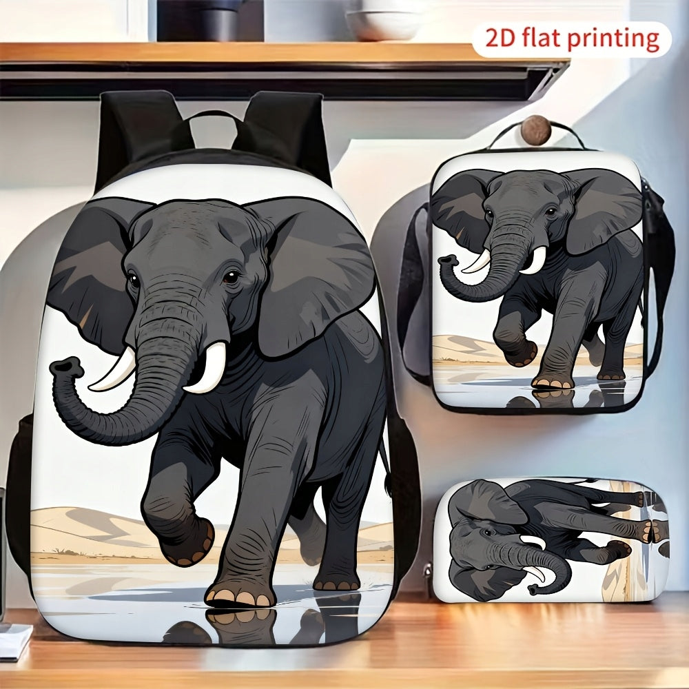 African Elephant Print Backpack Set with Crossbody Bag and Pencil Case