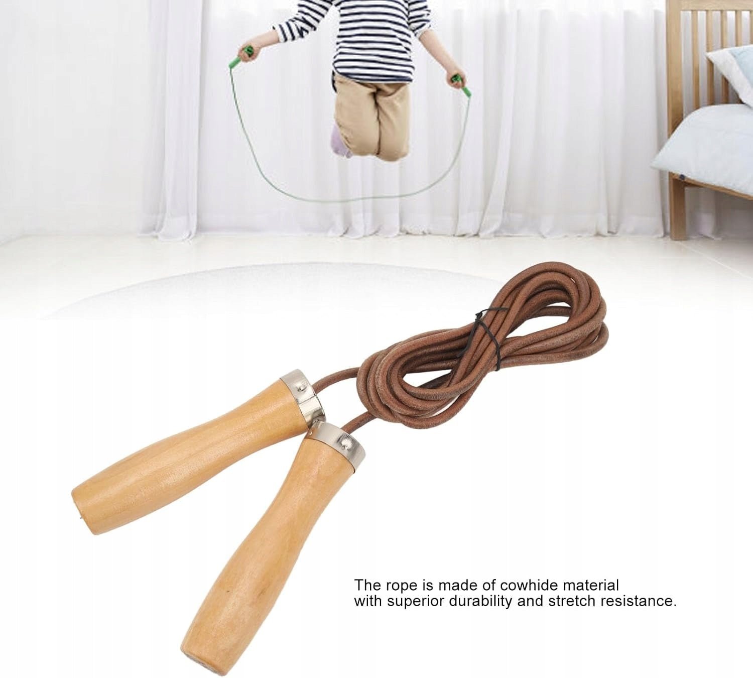 Ahomie Adjustable Leather Jump Rope with Wooden Handle, Leather Rope Model 5FP2