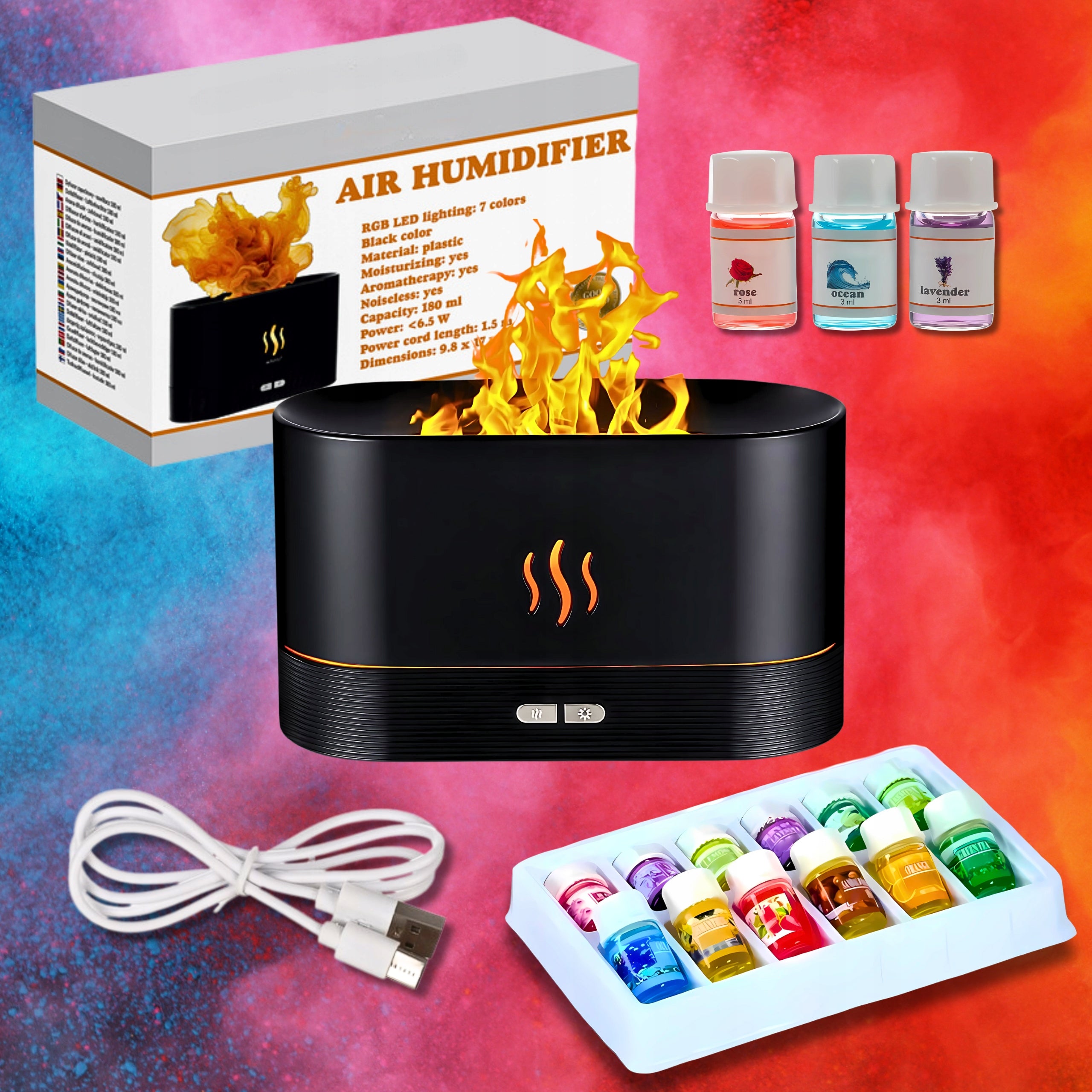 Air Humidifier 180ml Scent Diffuser Fire Effect LED Fireplace 3in1 Water tank capacity 0.18 l