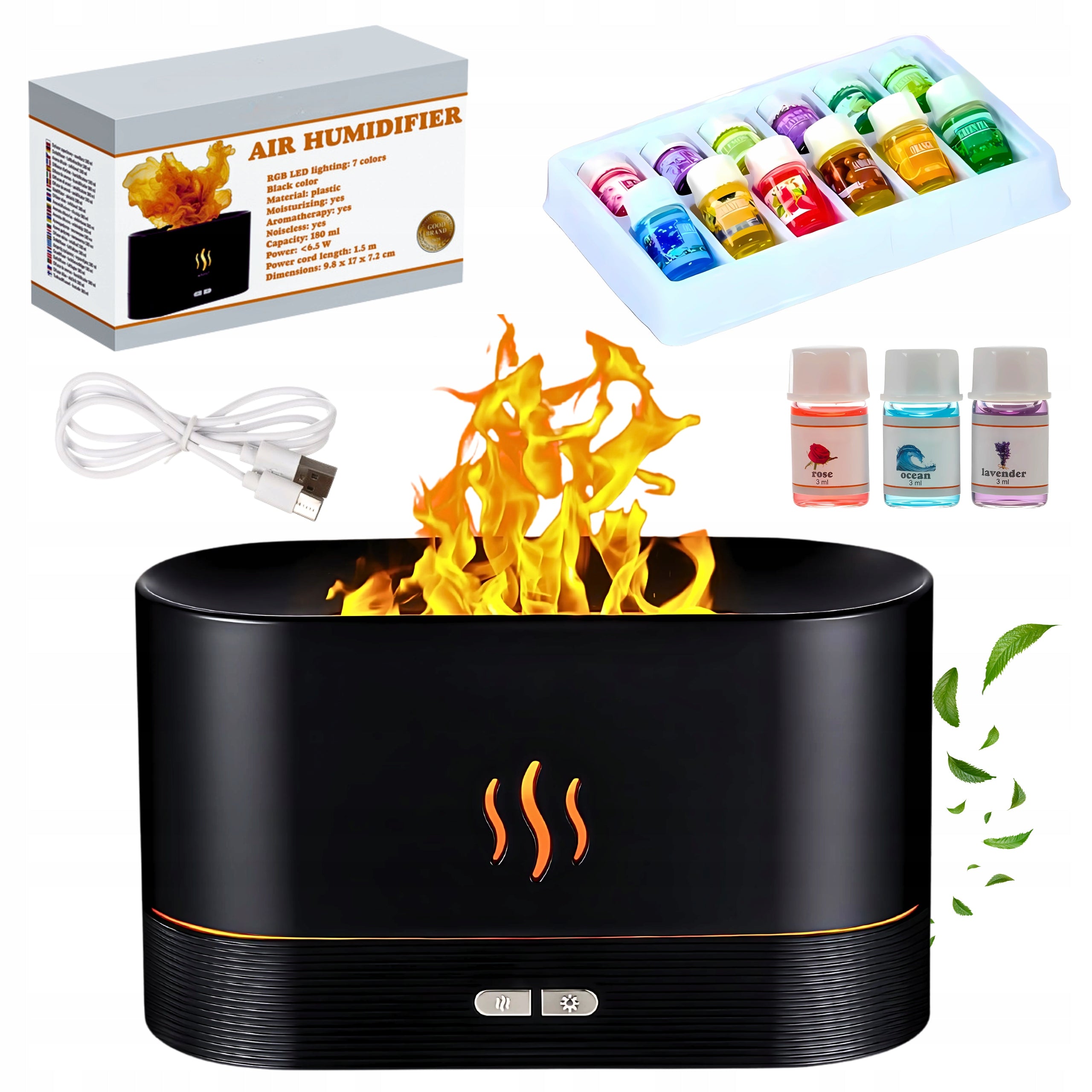 Air Humidifier 180ml Scent Diffuser Fire Effect LED Fireplace 3in1