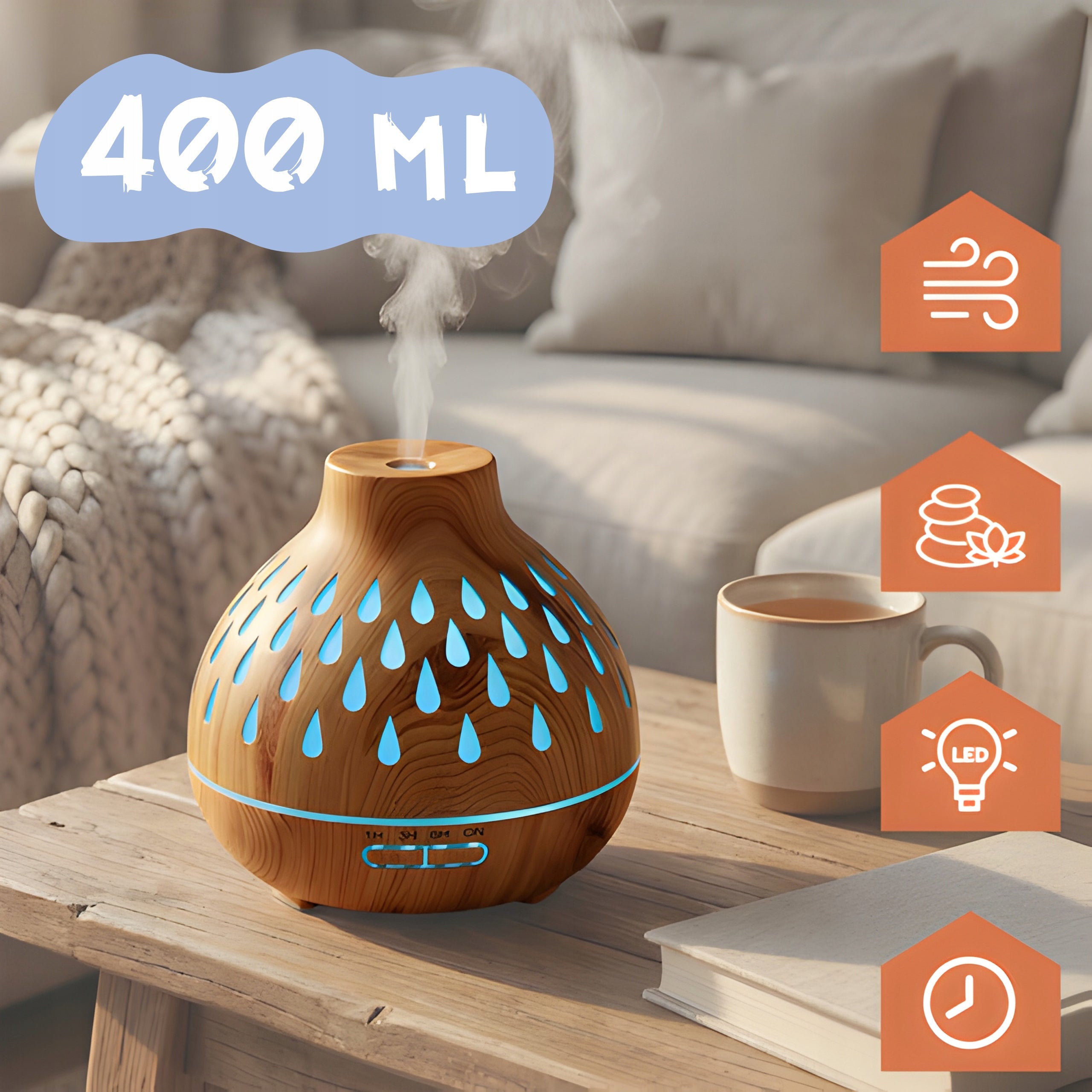 Air Humidifier Fragrance Diffuser 400ml LED Backlight with 12 Oils Dominant color beige/brown