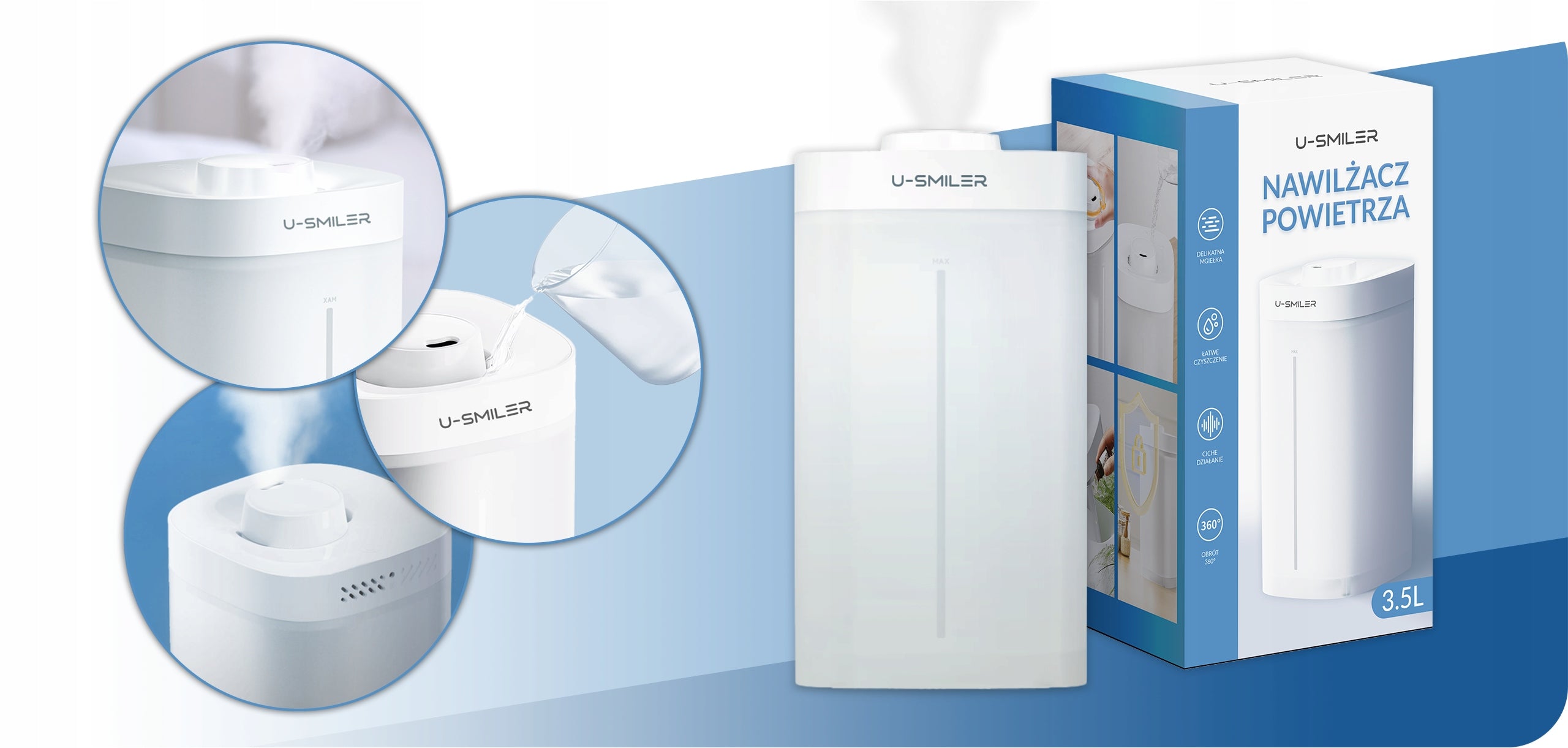 Air Humidifier Ultrasonic Diffuser IONIZER Aromatherapy QUIET 3.5 Model DYFUZOR AROMATERAPIA Nawilżacz Powietrza U-SMILER