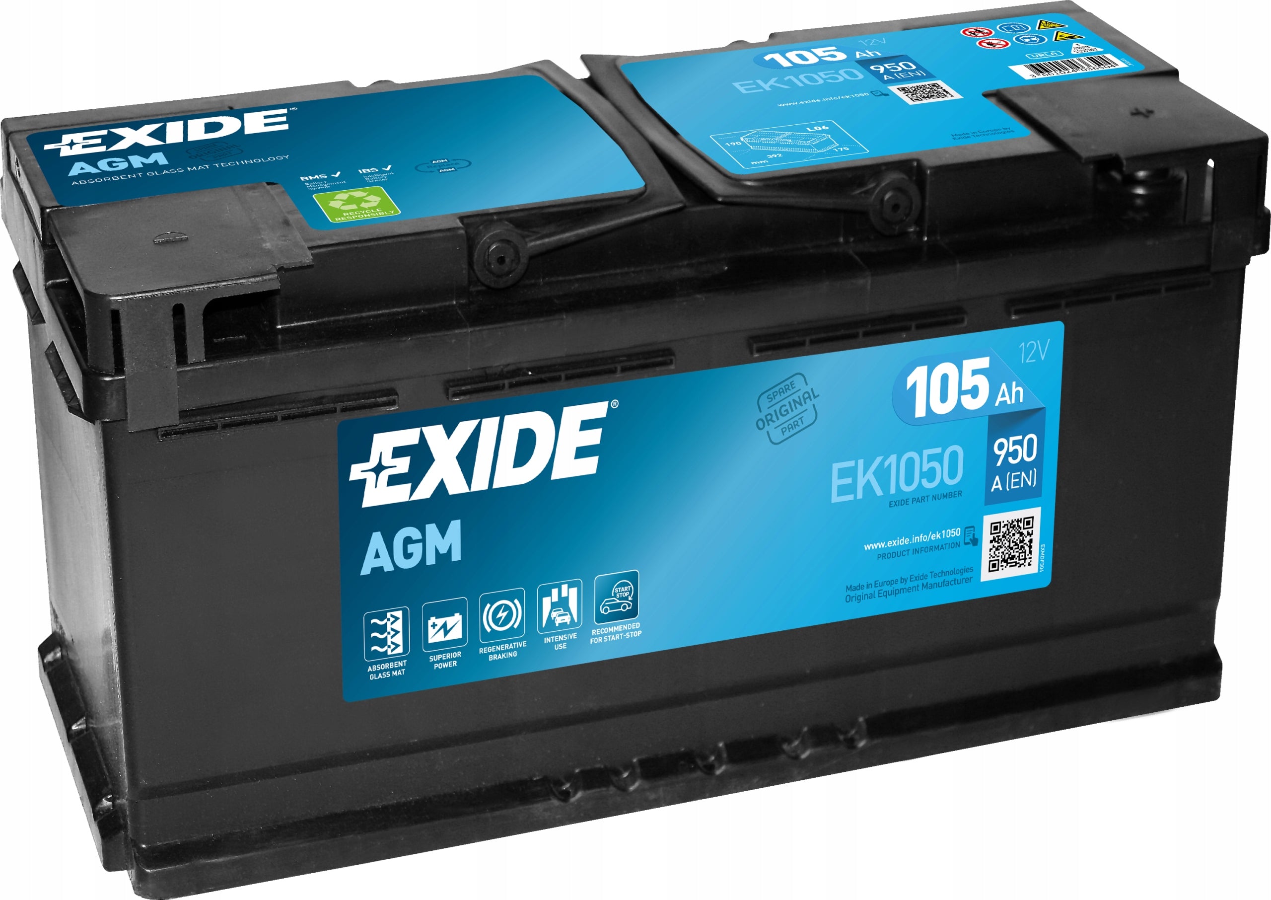 Batterie EXIDE AGM Micro-Hybrid EK1050 105Ah 950A 