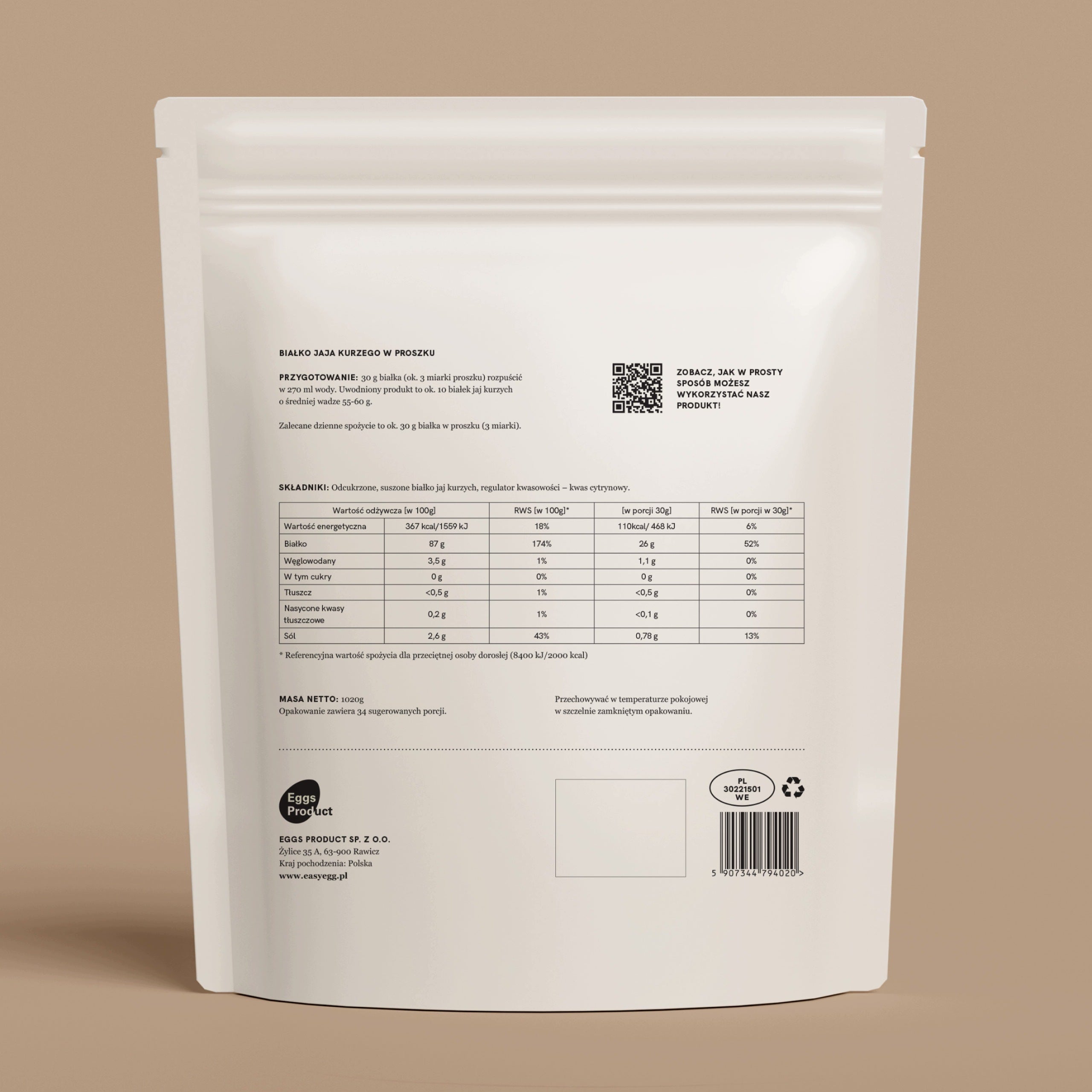 Albumin, egg white, 1020 g powder, for active, simple source of protein. Expiration date at least six months from the date of purchase