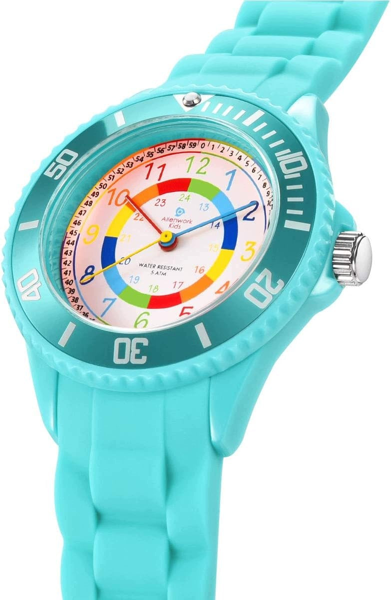Alienwork Watch Learning Children Turquoise Waterproof 5 ATM Silicone Functions timer