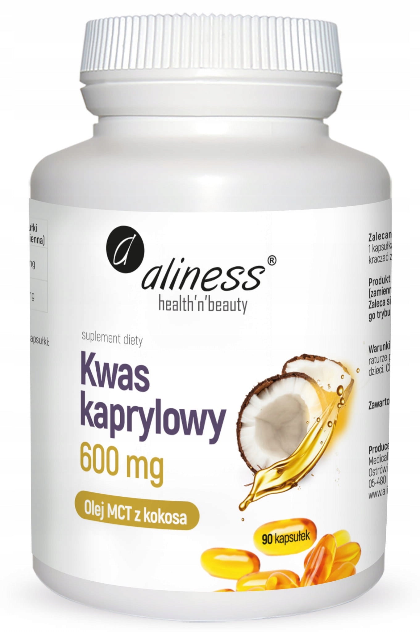 Aliness CAPRYLIC ACID (60% C8) 600 mg Coconut MCT Oil 90 kaps.