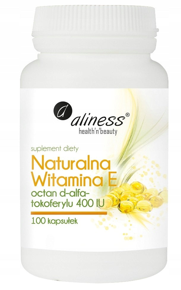 Aliness NATURAL VITAMIN E 400IU 100K D-ALPHA-TOCOPHERYL Manufacturer code MOCNA MŁODOŚĆ ZDROWIE SKÓRA WŁOSY