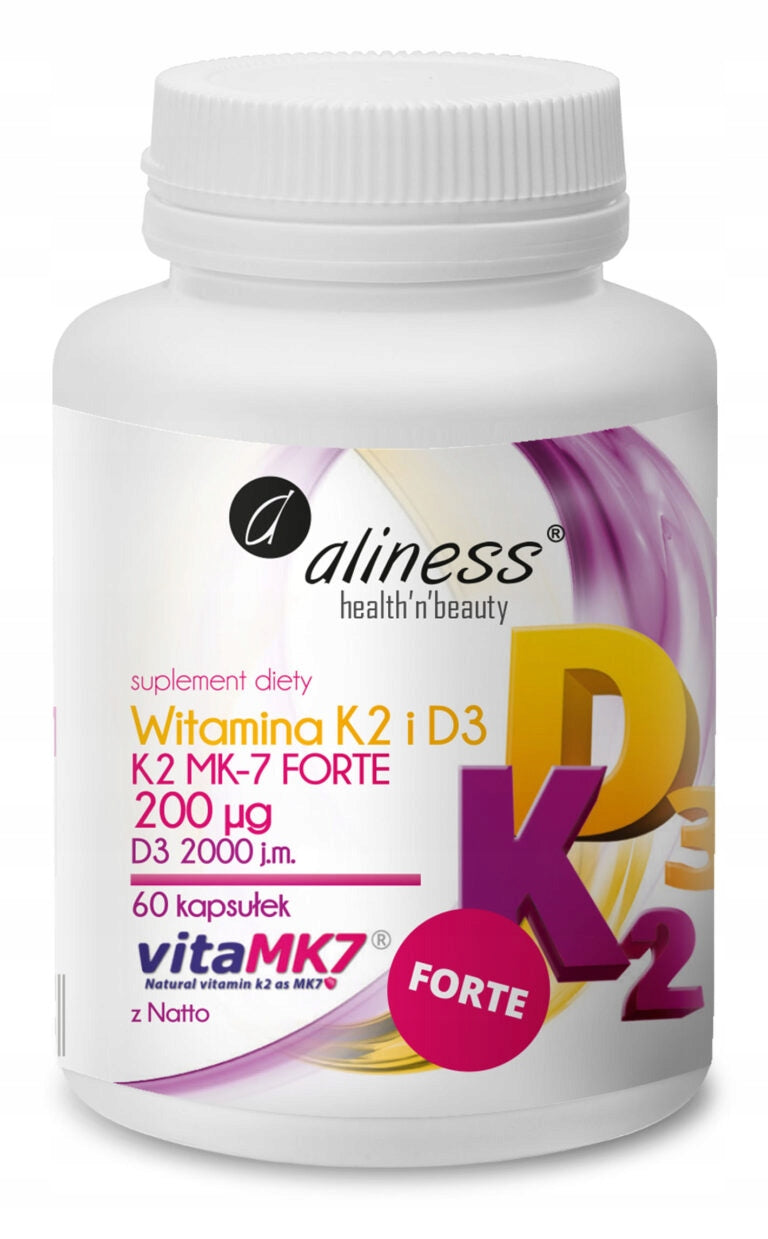 Aliness Vitamin (K2 + D3) K2MK7 Forte 200µg with Natto and D3 2000 | 31.05.2029 Manufacturer code K-2 D-3 wapń zdrowe zęby kości odporność