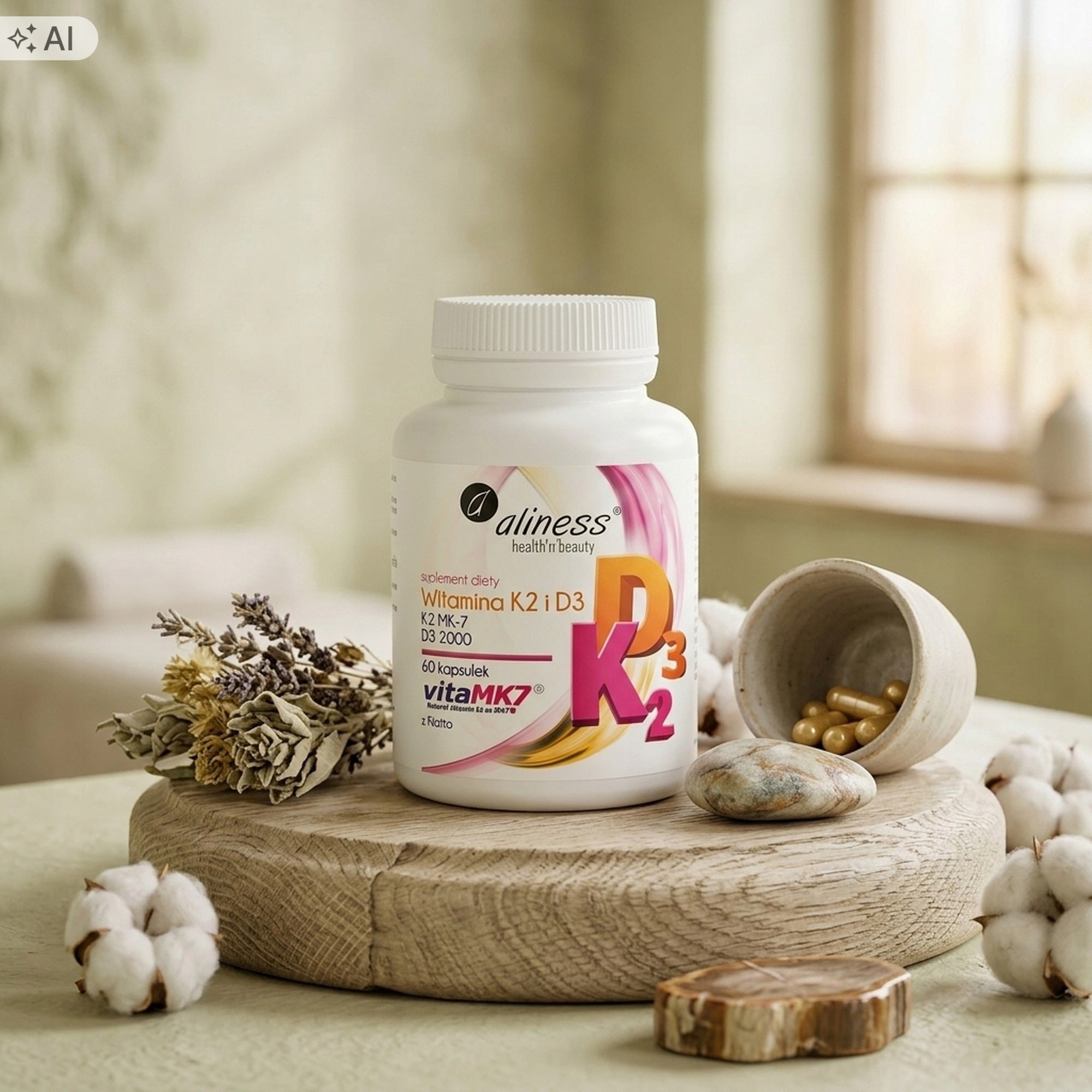 Aliness Vitamin K2 MK-7 100 µg + D3 50 µg 60 capsules vitamin for bones Packaging status original