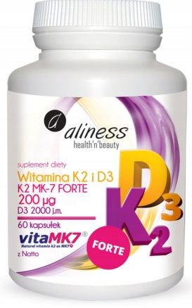 Aliness Vitamin K2 MK-7 200µg Natto D3 STRONG BONES IMMUNITY 60k