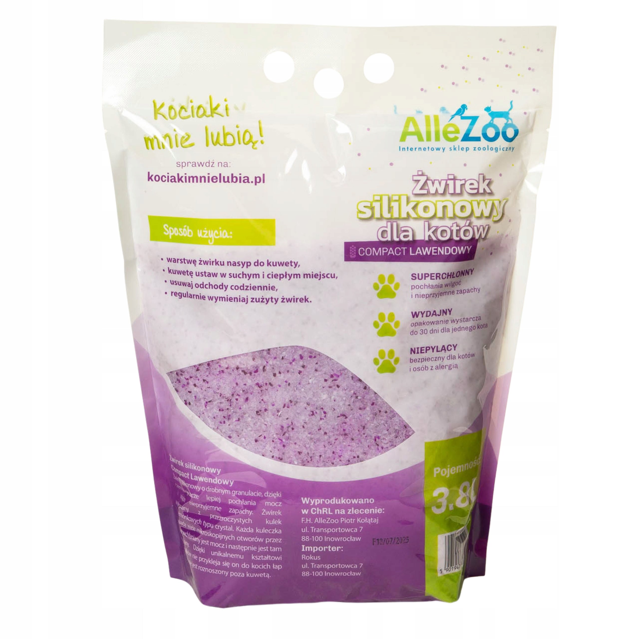 AlleZoo Silicone Cat Litter Fine Dust-Free Compact Lavender 3,8l Trade name AlleZoo Żwirek Silikonowy Drobny Premium Compact Lawenda 3,8l