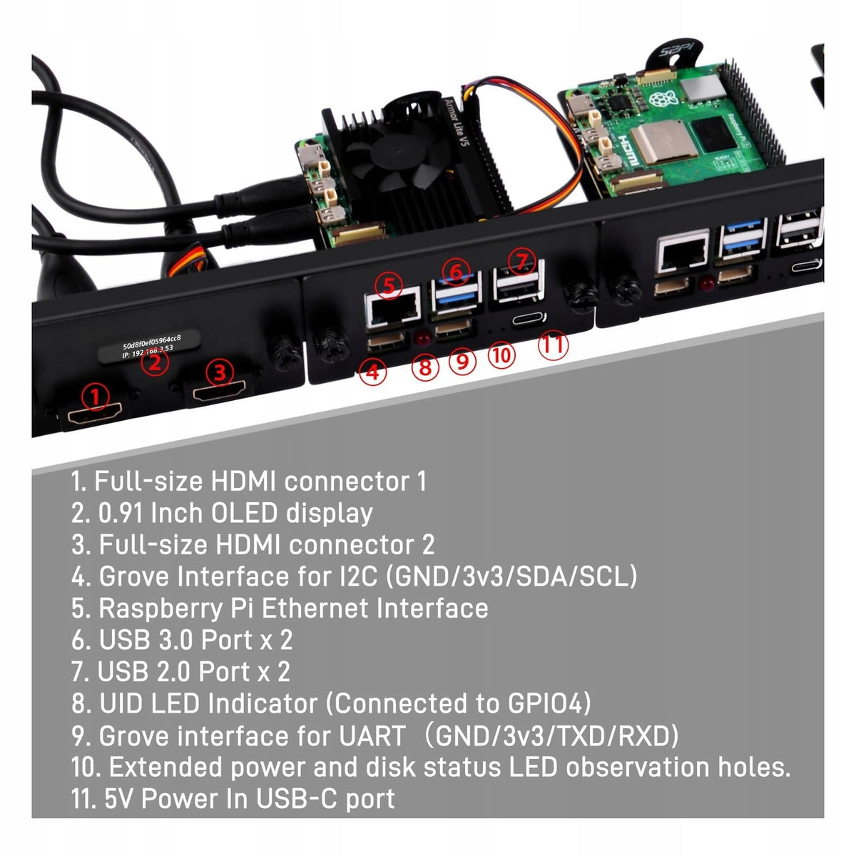 Allecto - Rack Enclosure 1U - Raspberry Pi 5 - PCIe to M.2 NVMe - 19 inches Kind Camera