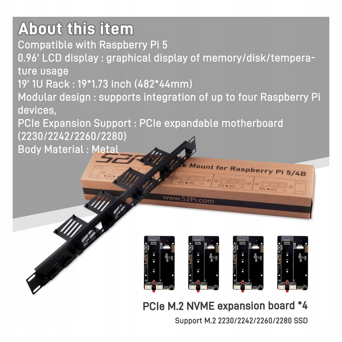 Allecto - Rack Enclosure 1U - Raspberry Pi 5 - PCIe to M.2 NVMe - 19 inches Manufacturer other