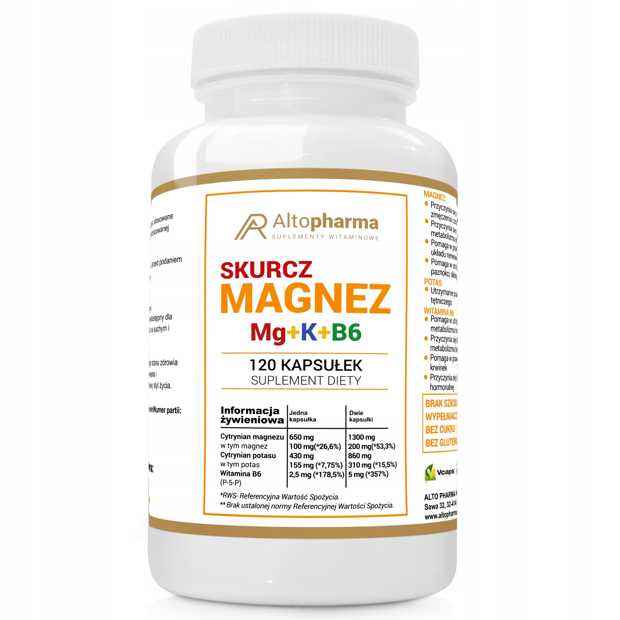 Alto Pharma MAGNESIUM SHRINKAGE FORTE 650mg + Potassium + B6 120 capsules Expiration date at least six months from the date of purchase
