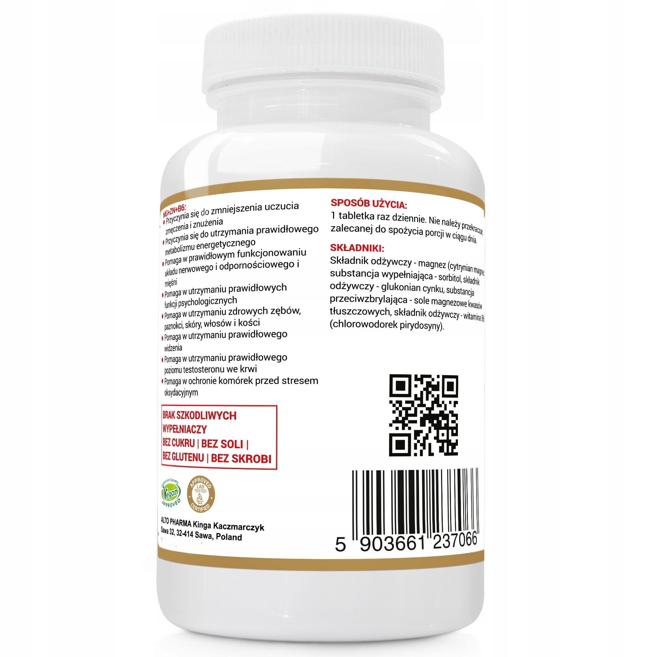 Alto Pharma MAGNESIUM+ZINC+B6 ZERO SUGAR, ZERO SALT, ZERO STARCH 120 tab. EAN (GTIN) 5903661237066