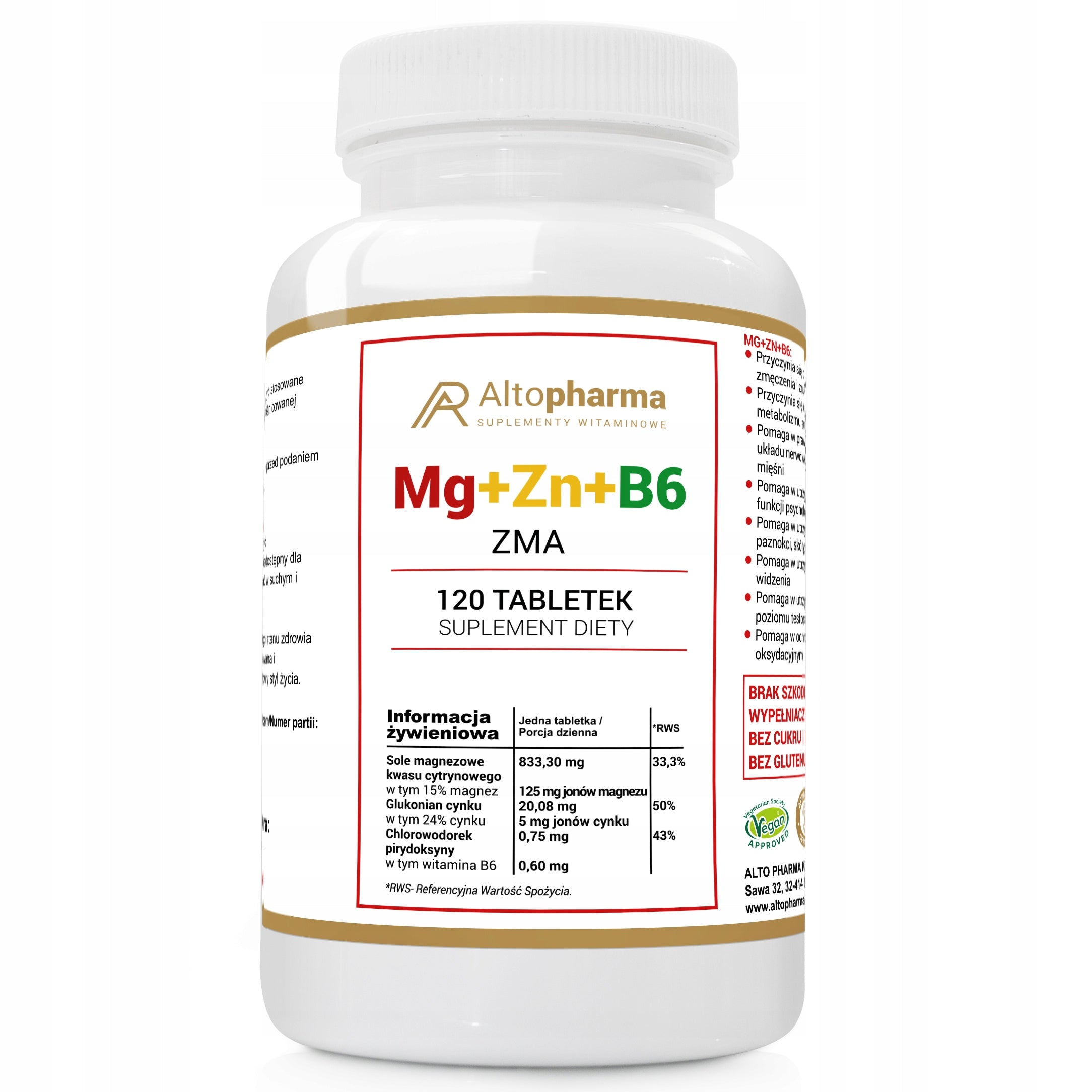 Alto Pharma MAGNESIUM+ZINC+B6 ZERO SUGAR, ZERO SALT, ZERO STARCH 120 tab.