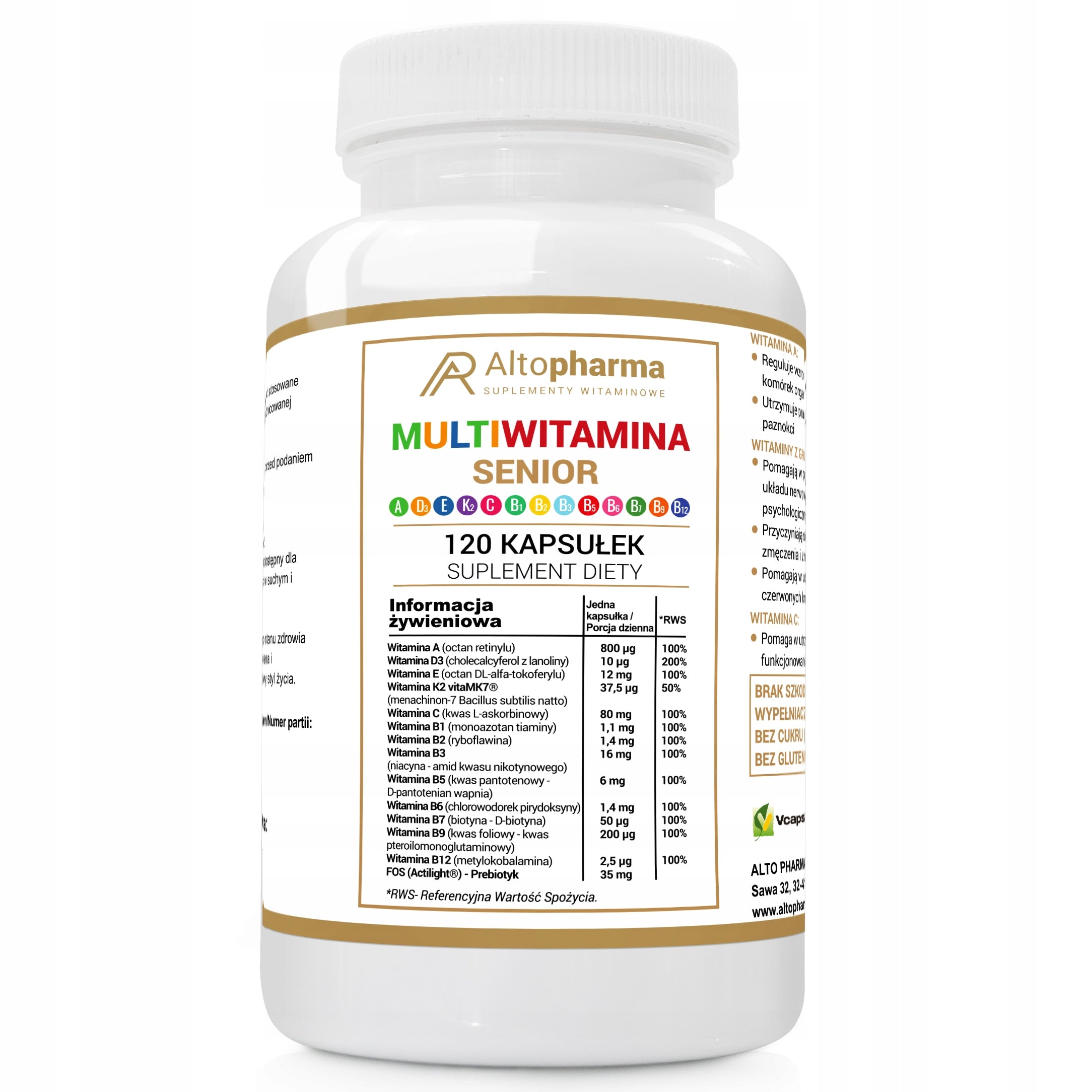 Alto Pharma Multivitamin Senior A D3 E K2 vitaMK7 C B1 B2 B3 B5 - 120 kaps