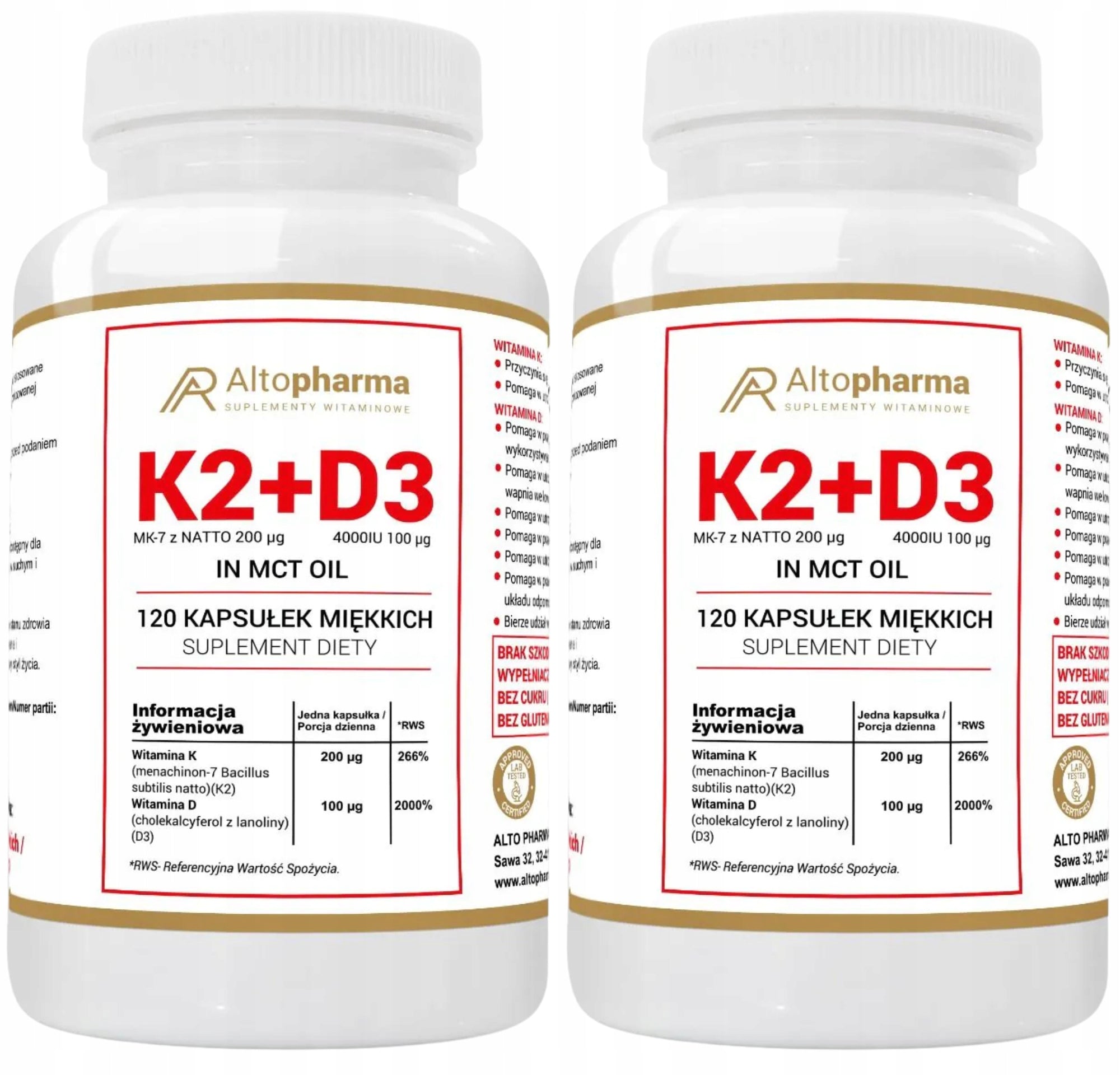 AltoPharma Vitamin K2MK-7 + D3 4000IU 120 kaps. Blood Pressure Heart Bones