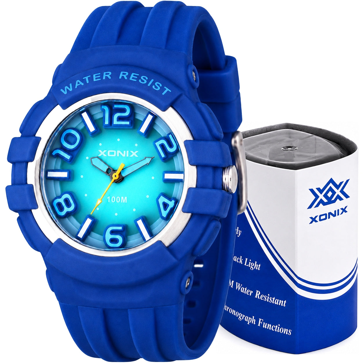 Analog watch XONIX blue 10 ATM LED sports WATERPROOF RUBBER