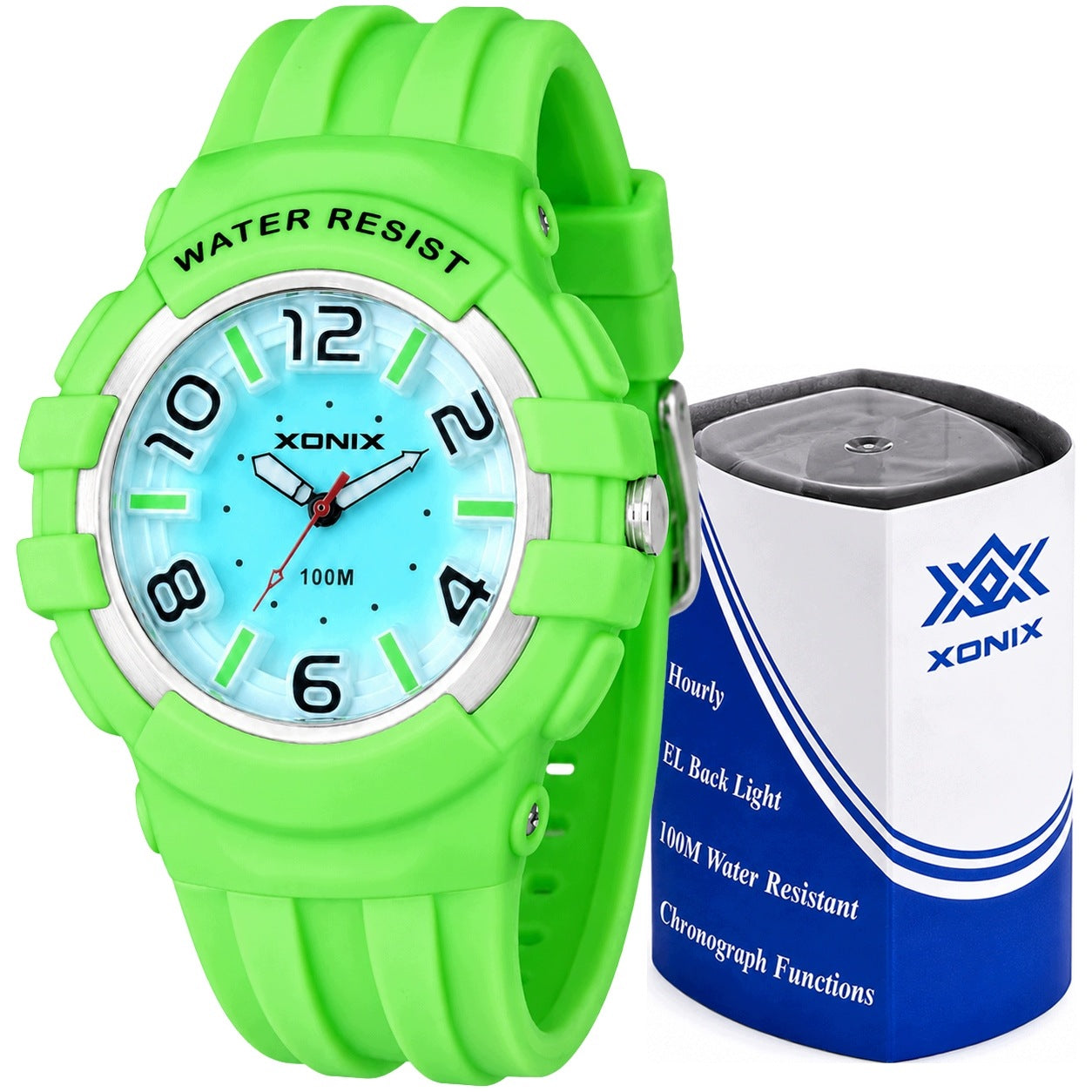 Analog watch XONIX green 10 ATM LED sports WATERPROOF RUBBER