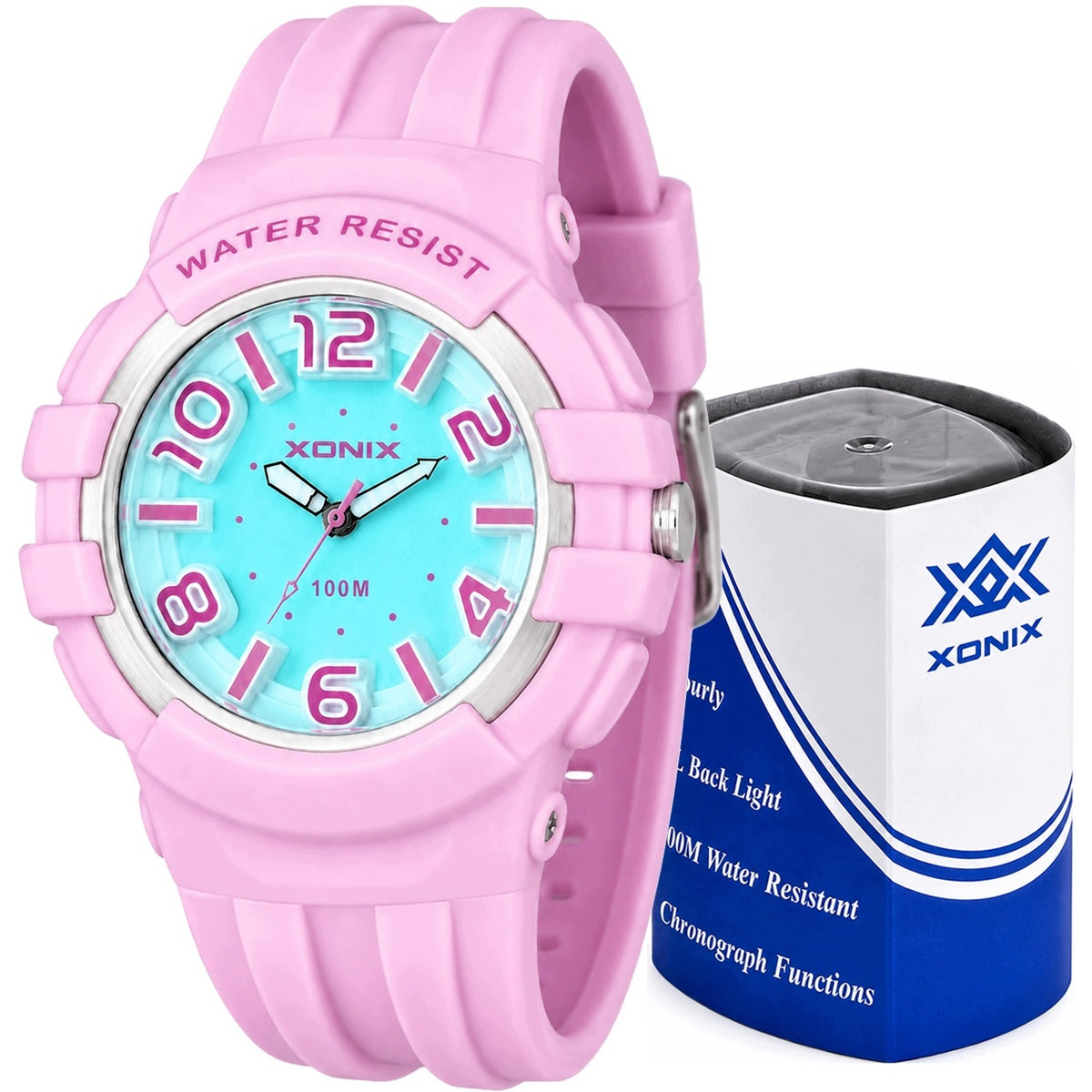 Analog watch XONIX pink 10 ATM LED sports WATERPROOF RUBBER