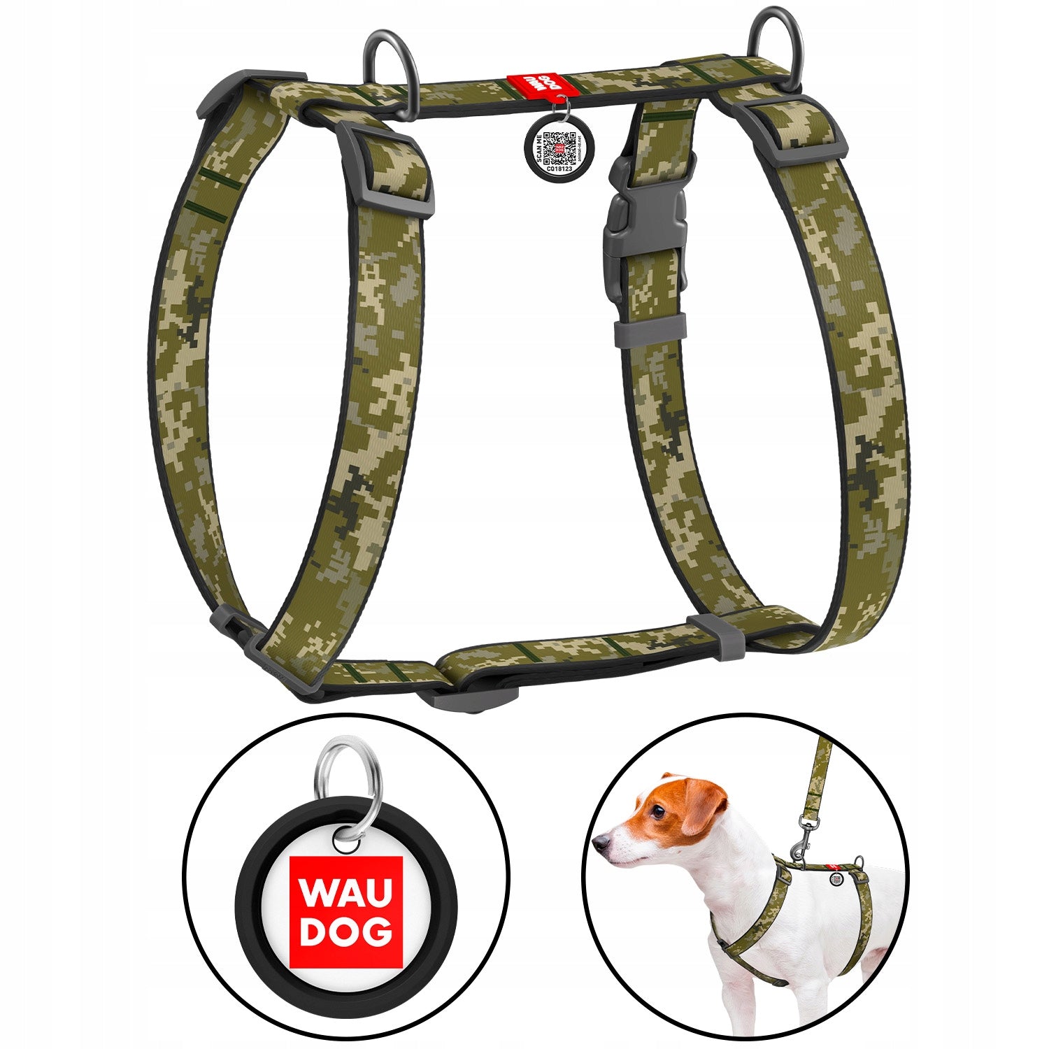 Anatomical dog harness + QR ADDRESS FREEBIE, Military drawing, r. L