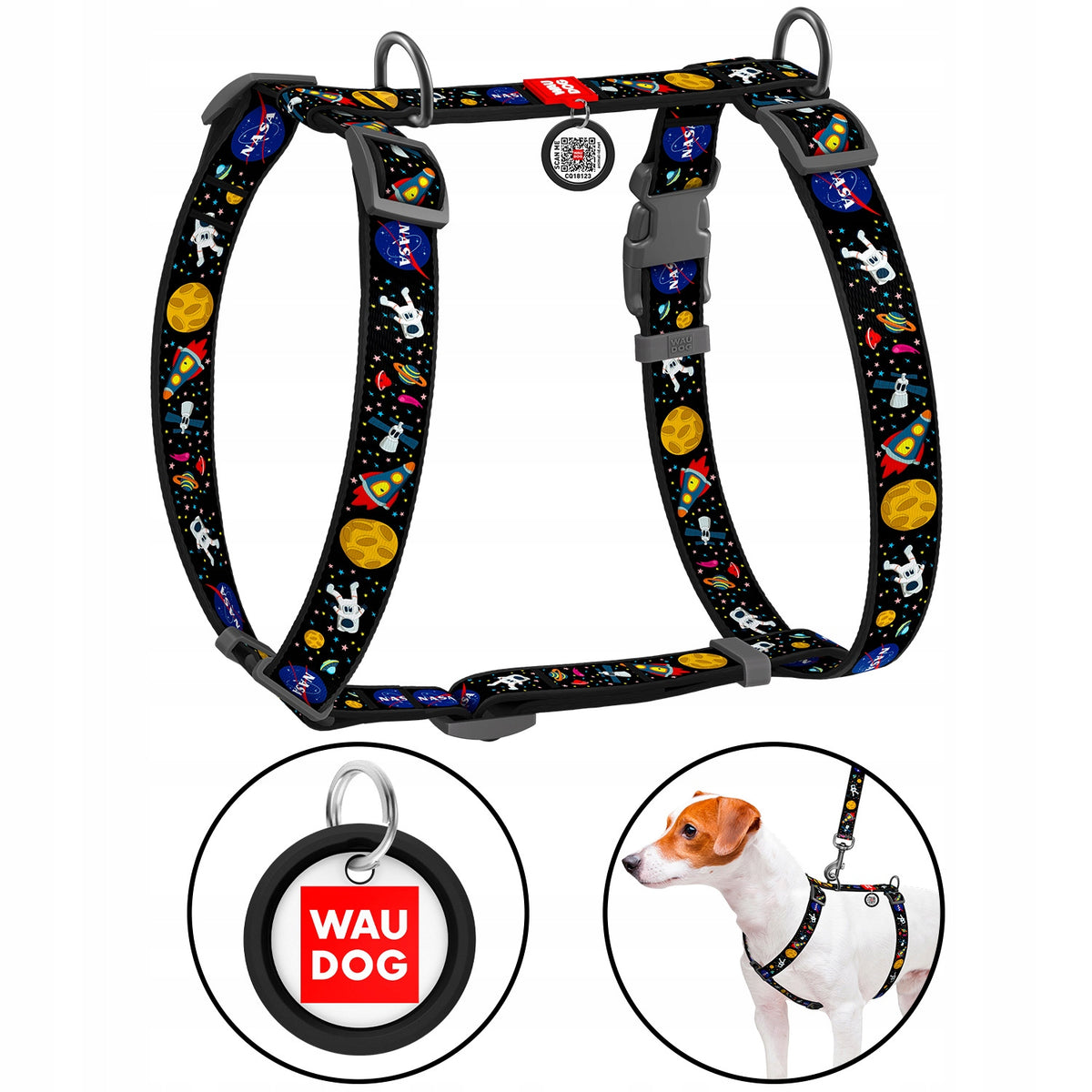 Anatomical dog harness + QR ADDRESS FREEBIE, "NASA" pattern, r. S