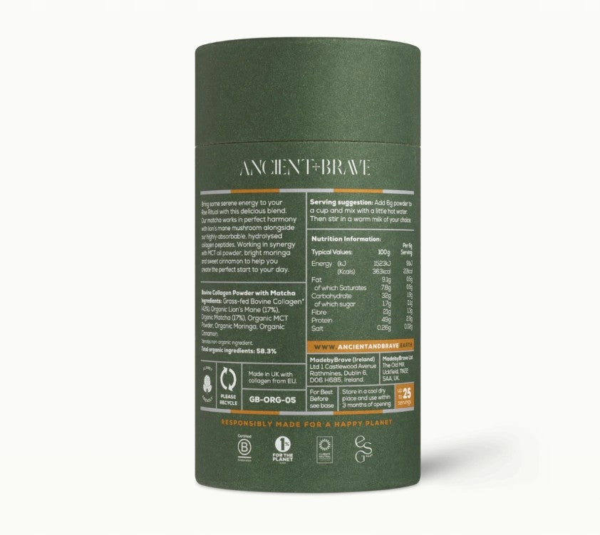 Ancient+Brave Matcha with grass-fed bovine Collagen,Lion's mane,MCT,Moringa EAN (GTIN) 5060512090475