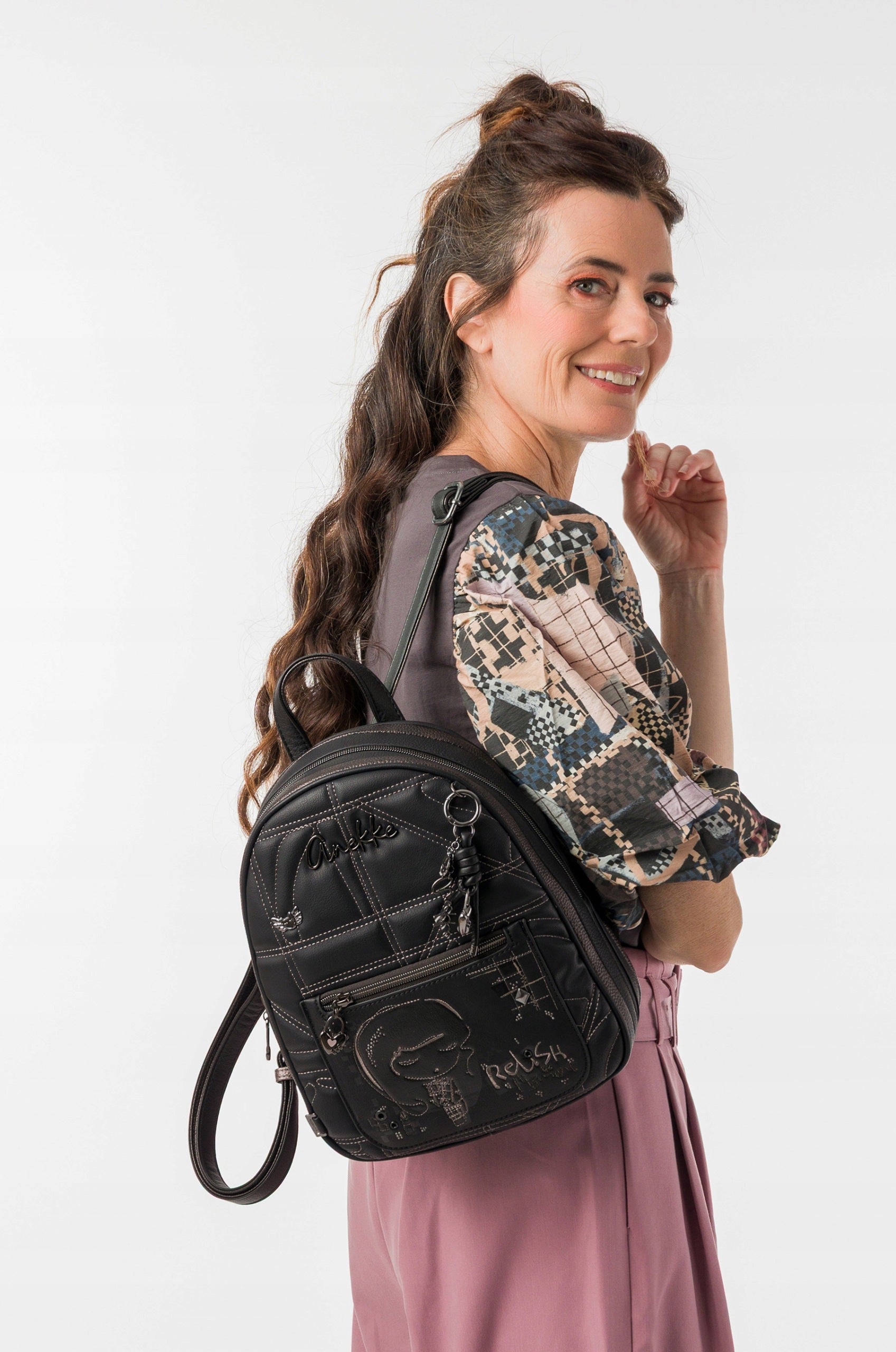 Anekke black women's city backpack Orchestra Iron Keychain backpack Packaging status original