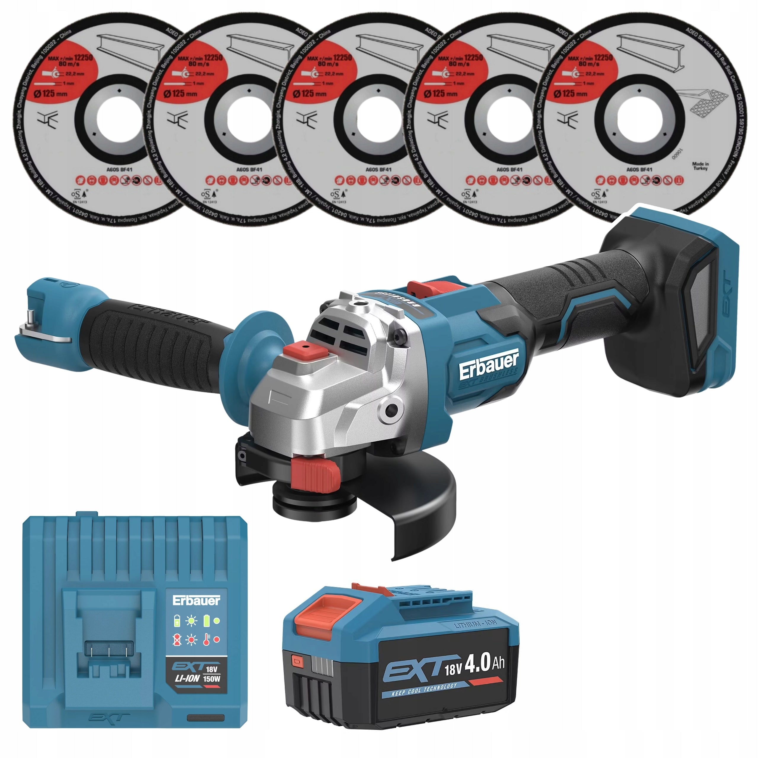 Angle grinder Erbauer ERI1083GRD Ø125 mm 18V +AKU 4Ah +Charger+Discs