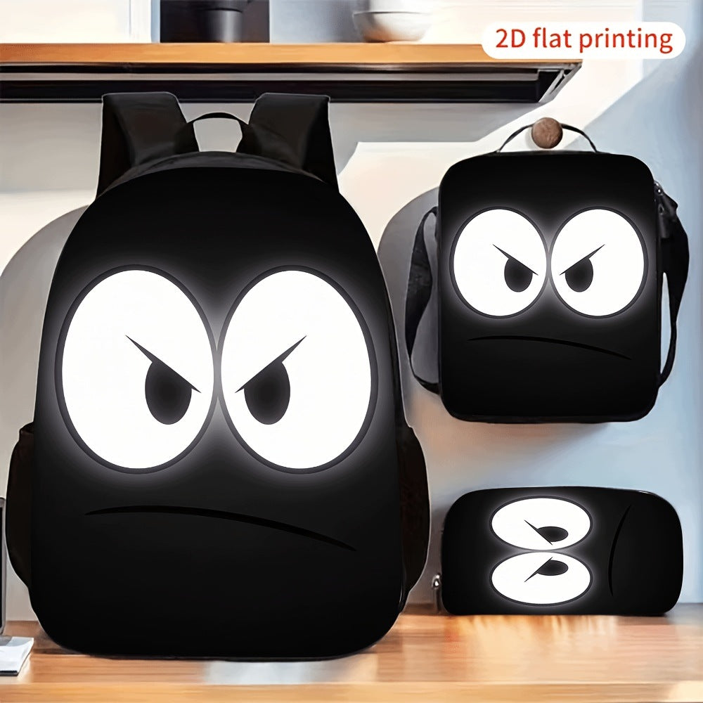 Angry Frowning Big Eyes Print Backpack Set with Crossbody Bag and Pencil Case