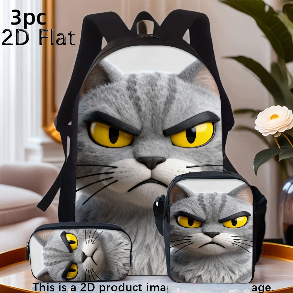 Angry Grey Cat Print Backpack Set with Crossbody Bag and Pencil Case