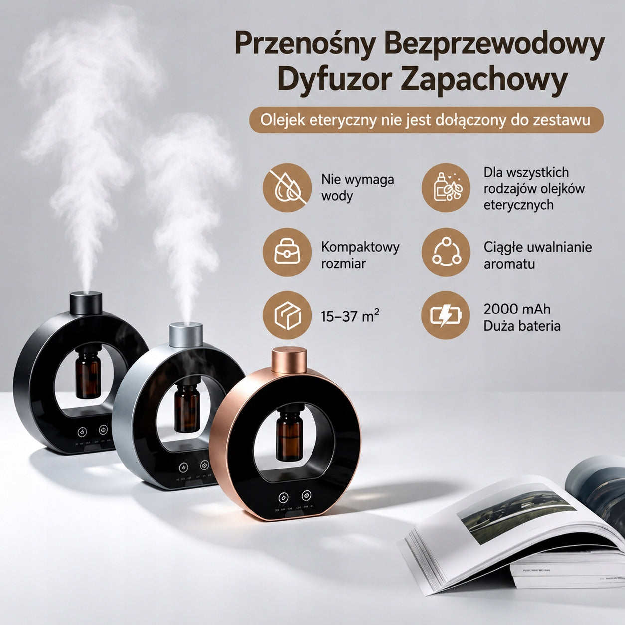 Anhydrous Essential Oil Diffuser with Battery and Timer Gold Dominant color gold
